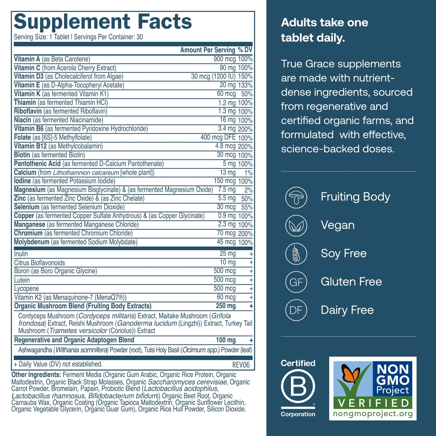 True Grace One Daily Men’s Multivitamin Tablet with Fermented Minerals, Organic Adaptogens & Mushrooms for Whole Body Balance, Immune, Endurance, Bone & Heart Support, Gluten Free, Non-GMO, 30 Tablets