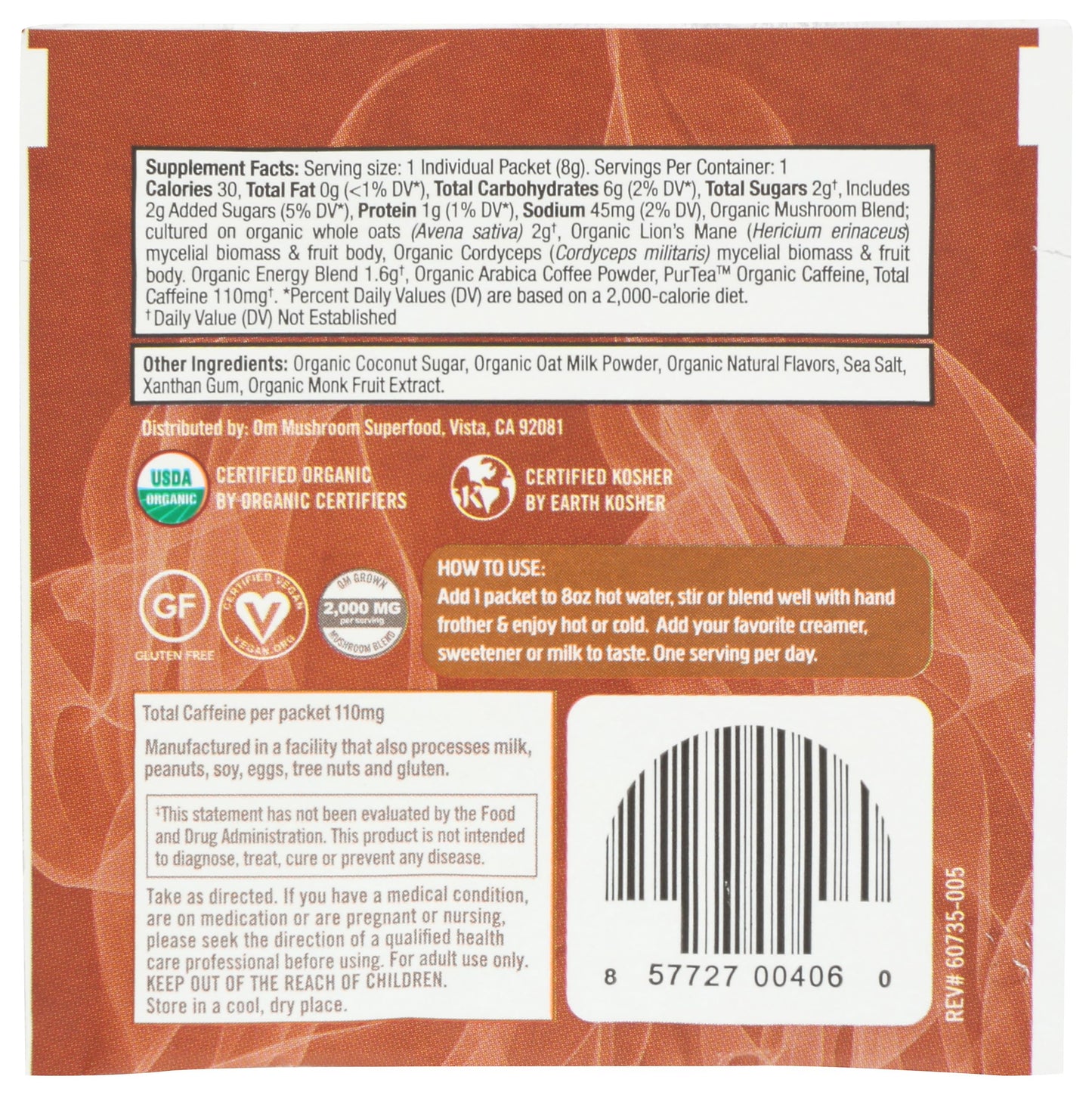 OM Mushroom Superfood Organic Mushroom Powered Coffee Latte Blend Powder 0.28 oz