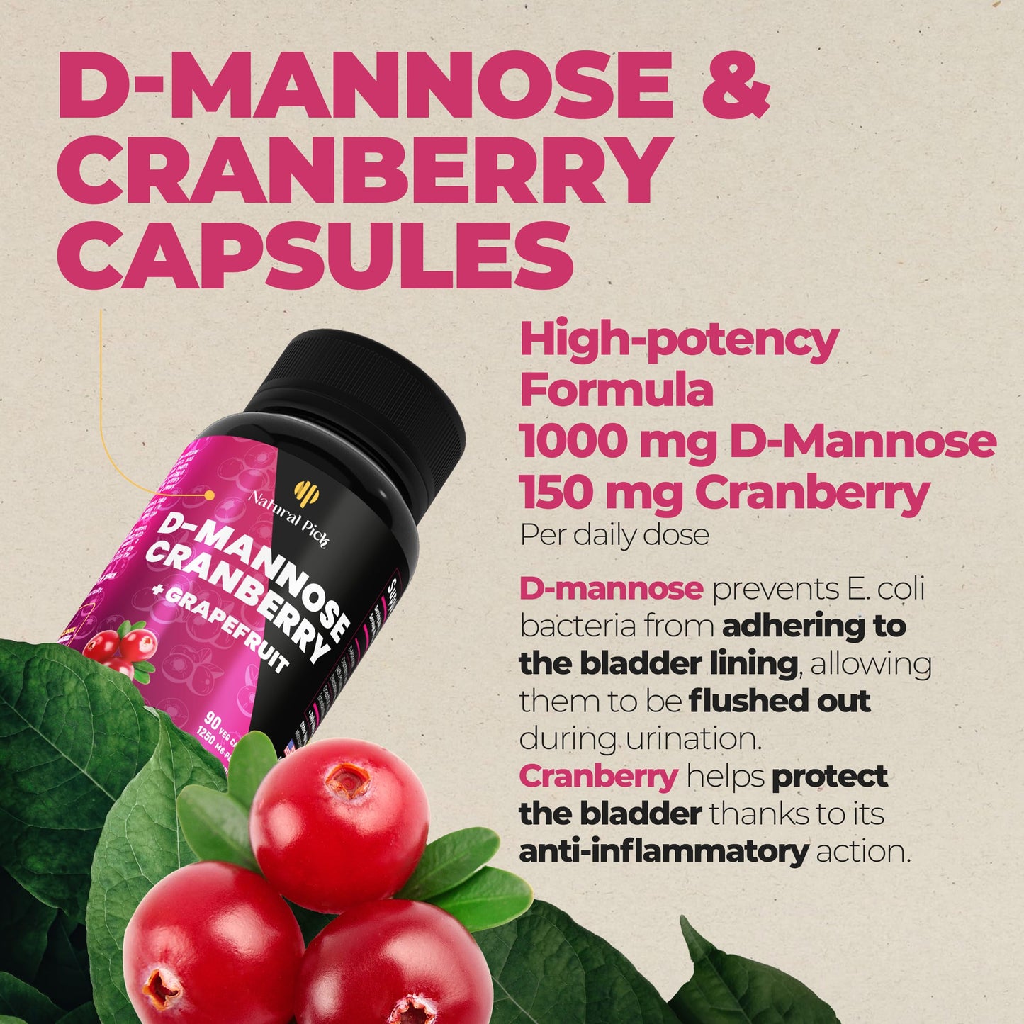 Natural Pick D Mannose with Cranberry 1250mg Capsules, 1 Count