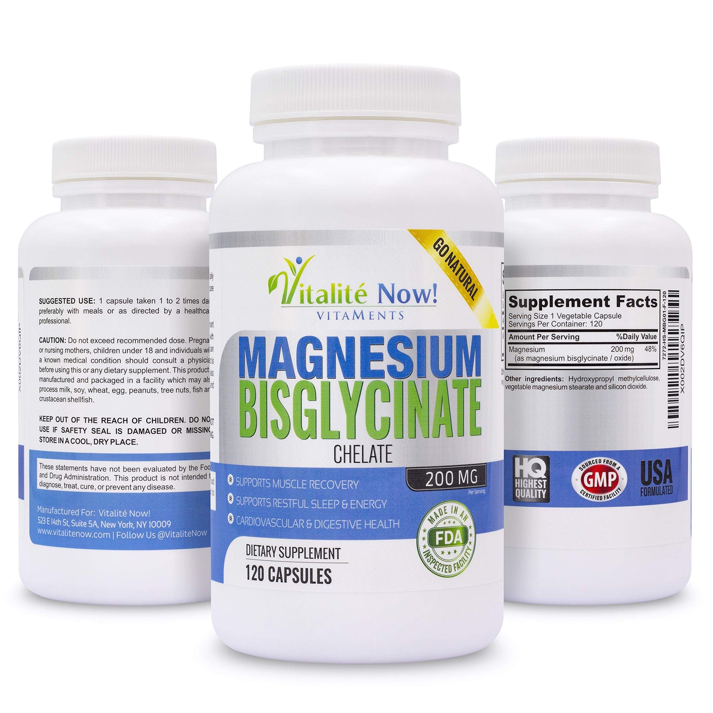 Vitalité Now! Magnesium Bisglycinate 200mg Capsules 120 Count