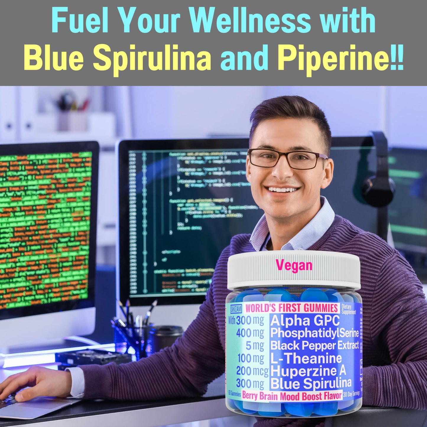 SHIZAM Alpha GPC Huperzine A Phosphatidylserine L-Theanine Blue Spirulina Bioperine Gummies, 60 Count