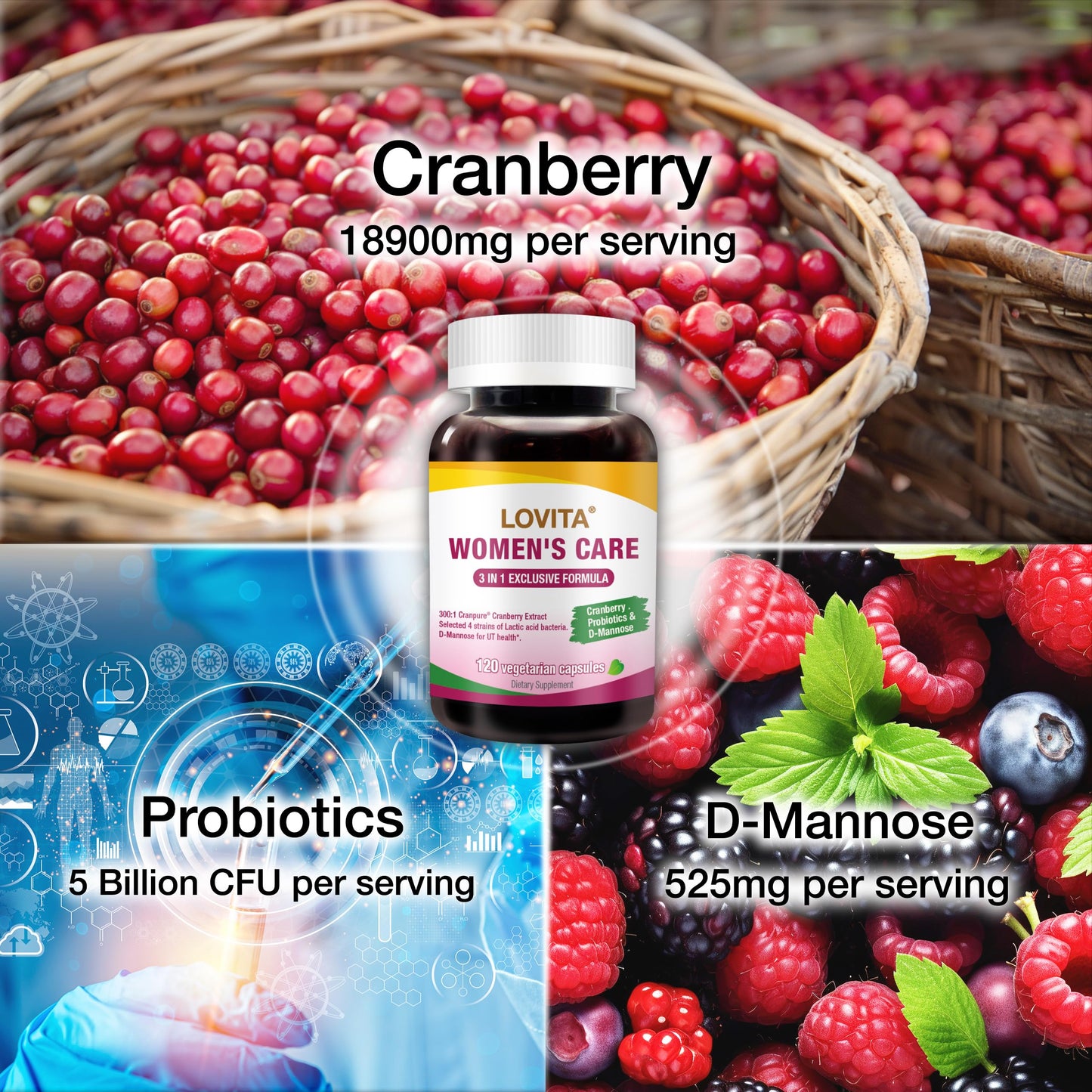LOVITA Women's Care Supplement with D-Mannose, Cranberry & Probiotics, 120 Capsules