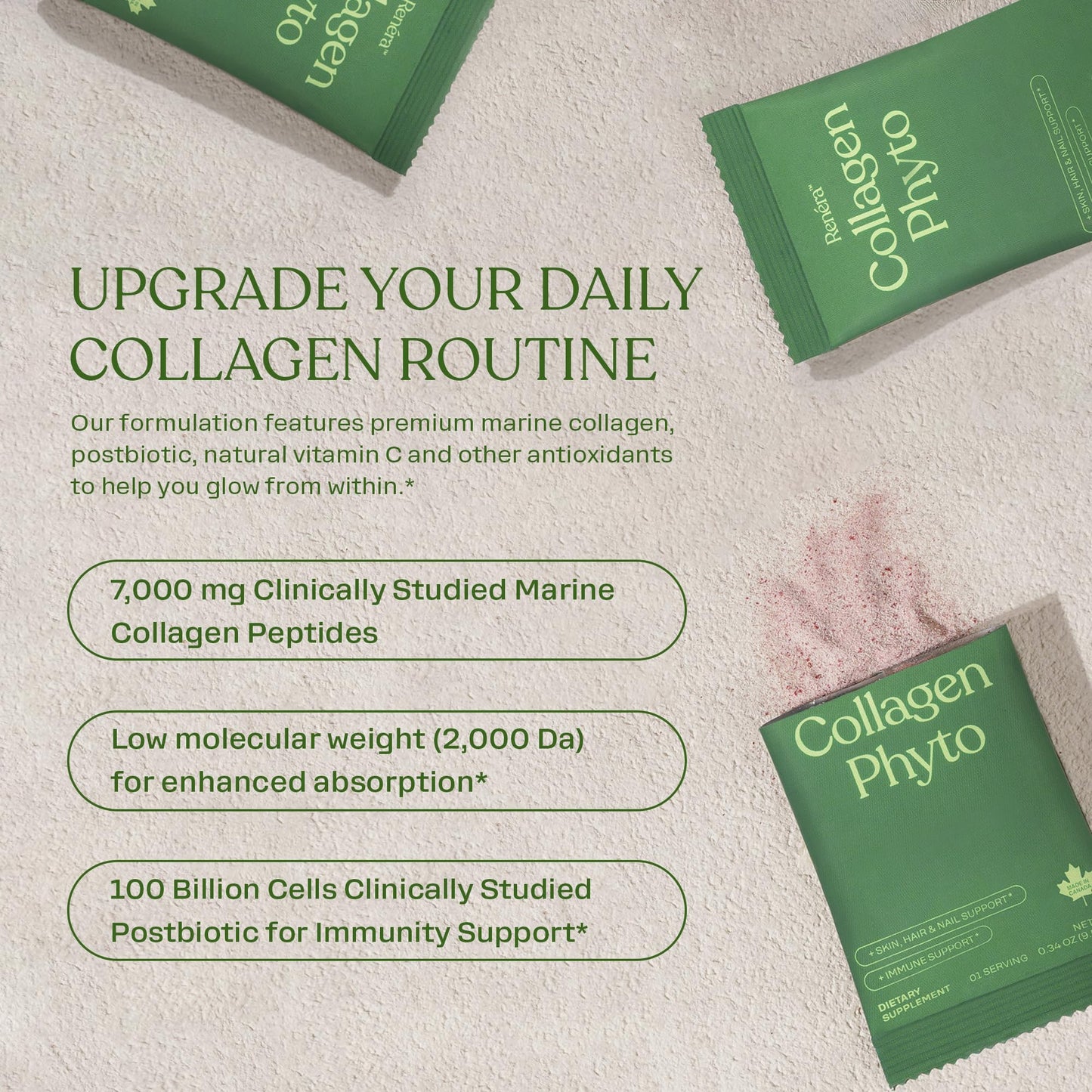 Renéra Collagen Phyto Powder with Marine Collagen Peptides & Postbiotic, Clinically Studied Ingredients for Healthy Skin, Hair, Nails and Immunity, Healthy Aging Support, 12 Packets