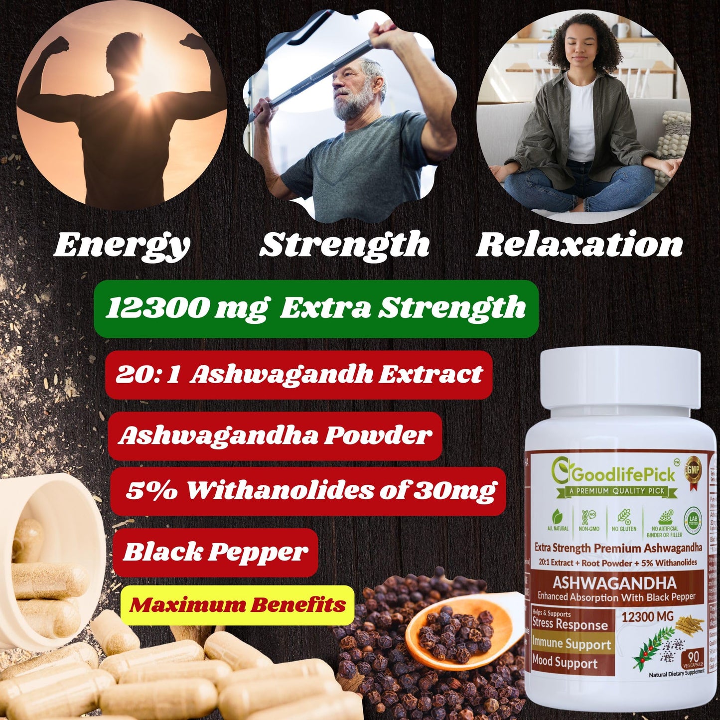 GoodlifePick Ashwagandha Capsules with Black Pepper, 20:1 Ashwagandha Extract, 5% Withanolides, 180 Capsules