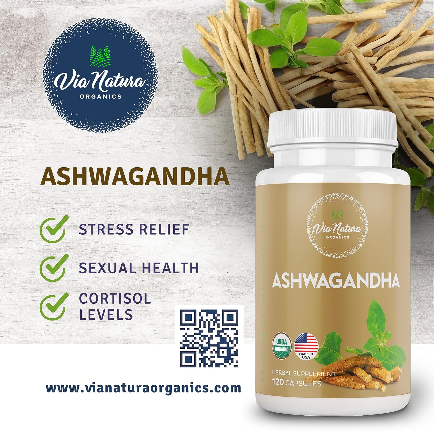 Via Natura Organics Ashwagandha 1000mg Capsules, 120 Capsules