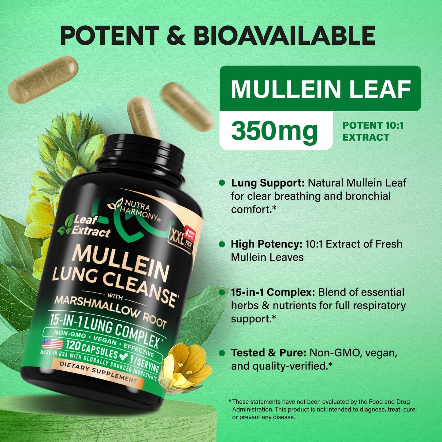 NUTRAHARMONY Mullein Lung Detox - Mullein Leaf 10:1 Extract, Marshmallow Root, Echinacea, Oregano, Quercetin, NAC - 15-in-1 Lung Support & Cleanse for Smokers Capsules, 120 Count