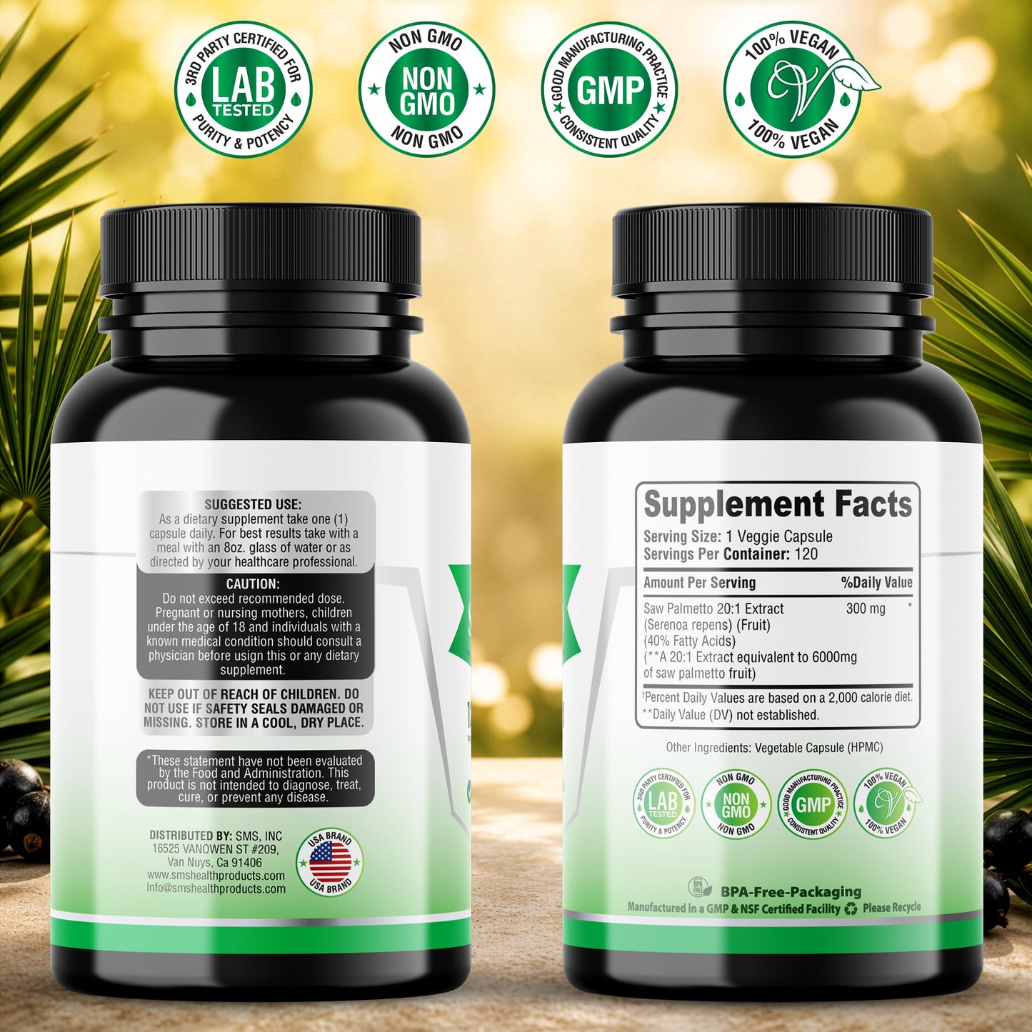 SMSHEALTHPRODUCTS.com Saw Palmetto Extra Strength 20:1 Extract 40% Fatty Acids, 120 Vegan Capsules