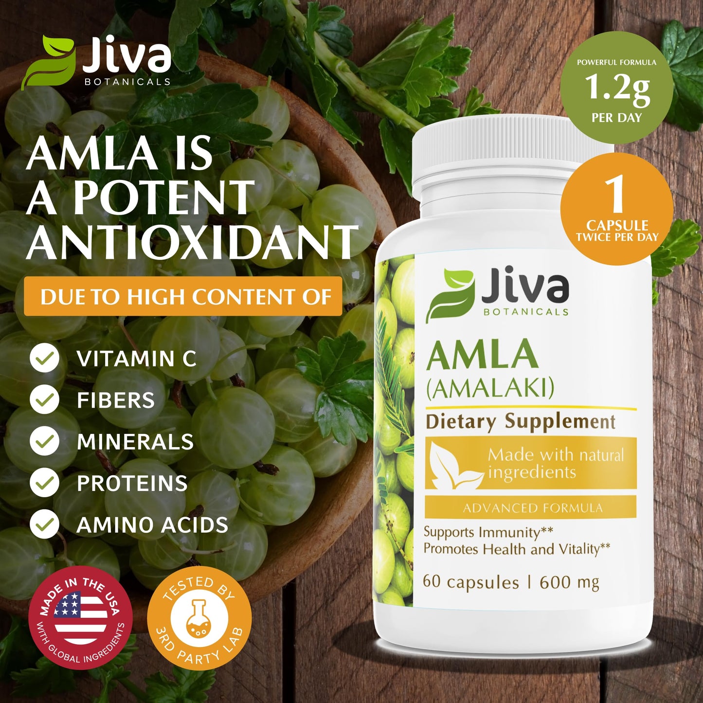 Jiva Botanicals Amla Capsules, Indian Gooseberry Supplement, 60 Count