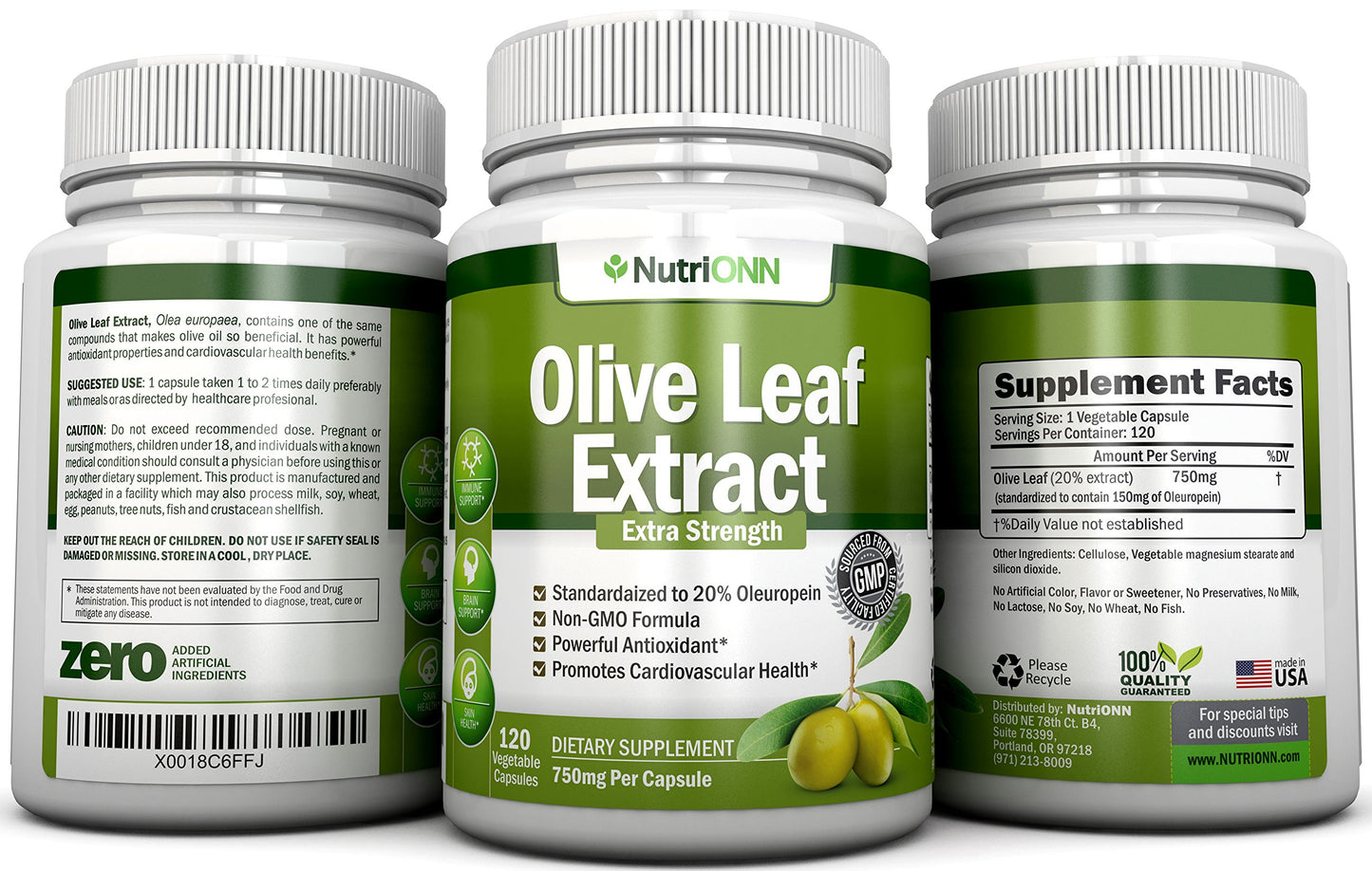 NutriONN Olive Leaf Extract 750 mg Capsules, 120 Count