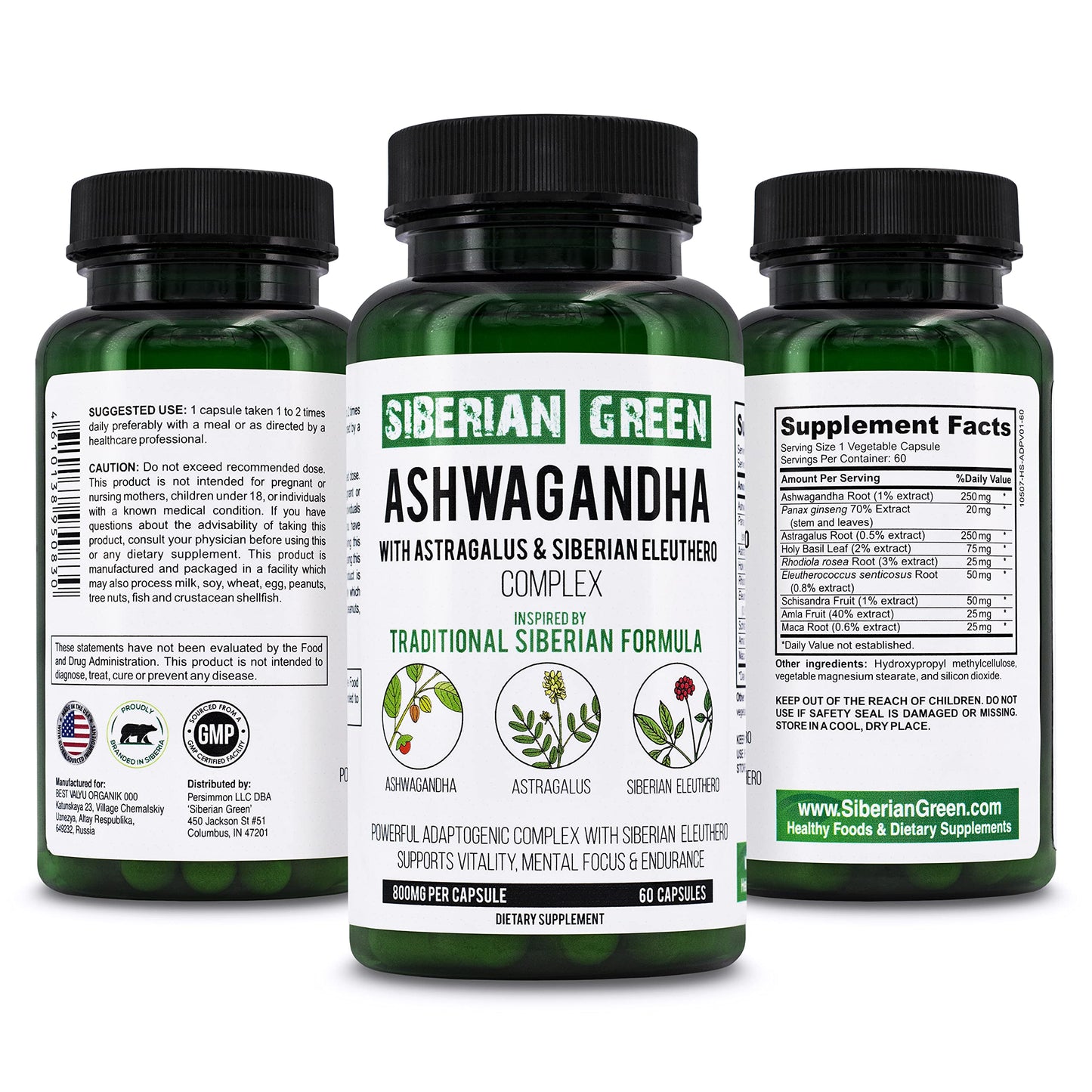 Siberian Green Organic Ashwagandha Root with Astragalus & Siberian Eleuthero Ginseng Complex Capsules, 60 Count