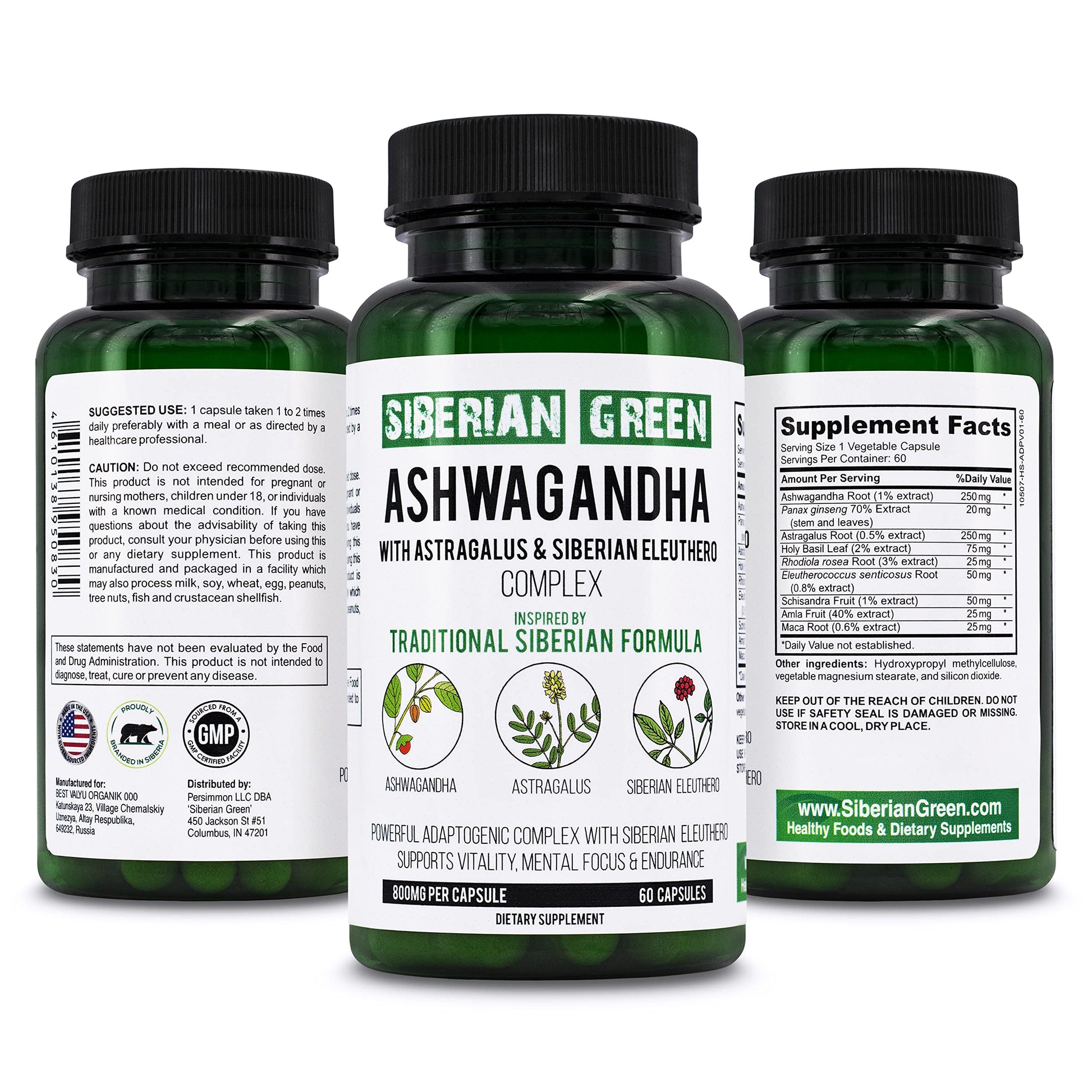 Siberian Green Organic Ashwagandha Root with Astragalus & Siberian Eleuthero Ginseng Complex Capsules, 60 Count