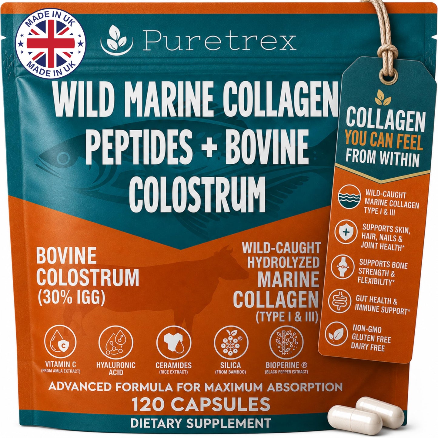 PURETREX Wild Marine Collagen Peptides with Bovine Colostrum Capsule, 1 Count