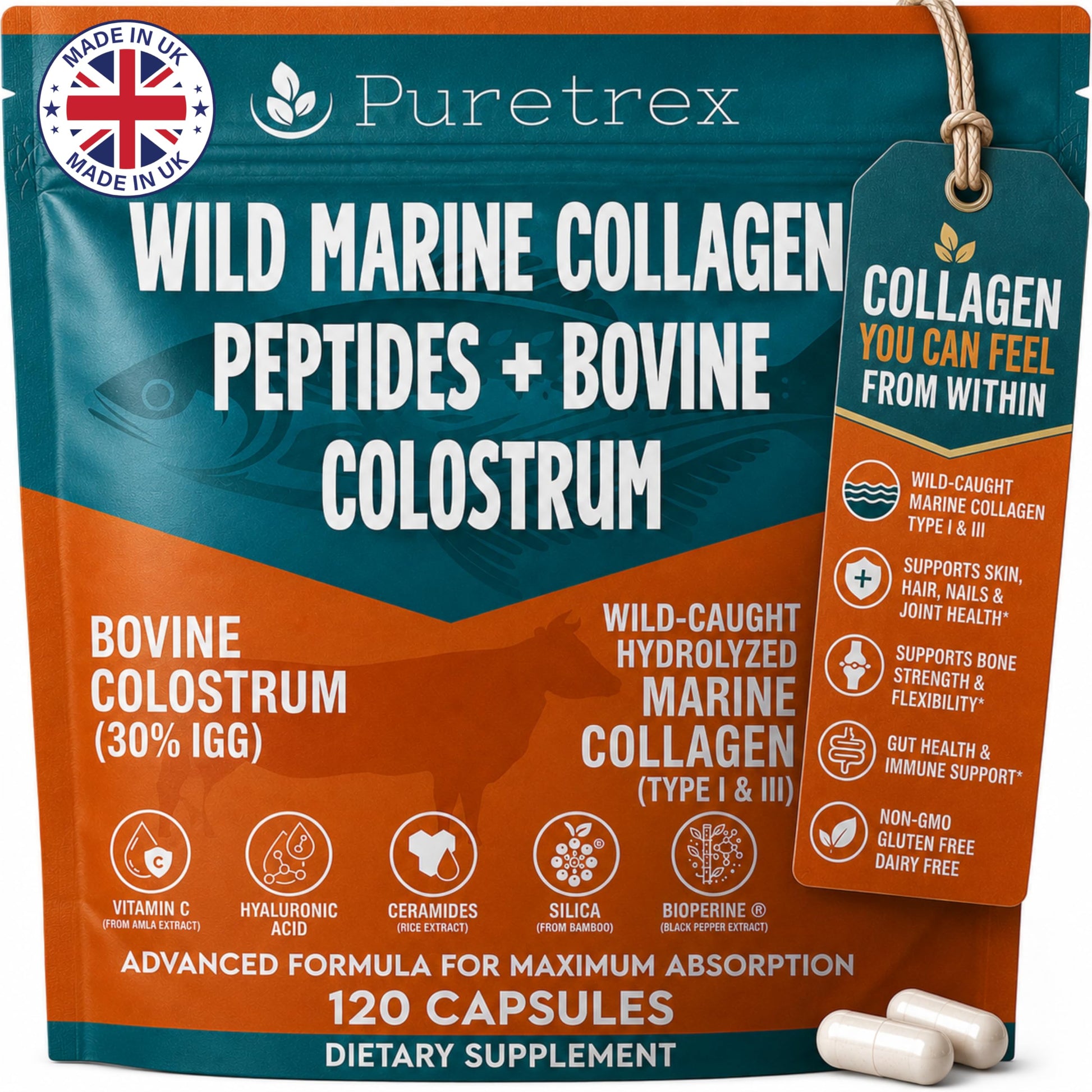 PURETREX Wild Marine Collagen Peptides with Bovine Colostrum Capsule, 1 Count