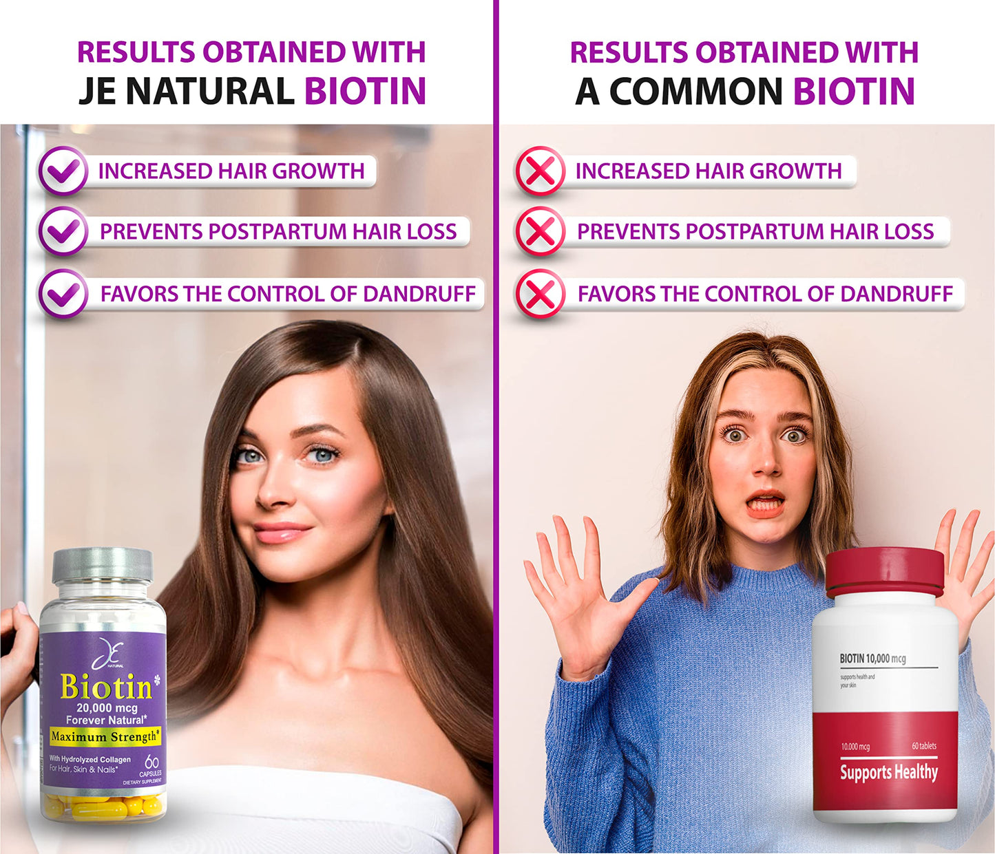 JE Natural Biotin Hair Skin and Nails Vitamins with Vitamin C and Collagen Capsules 60 Count