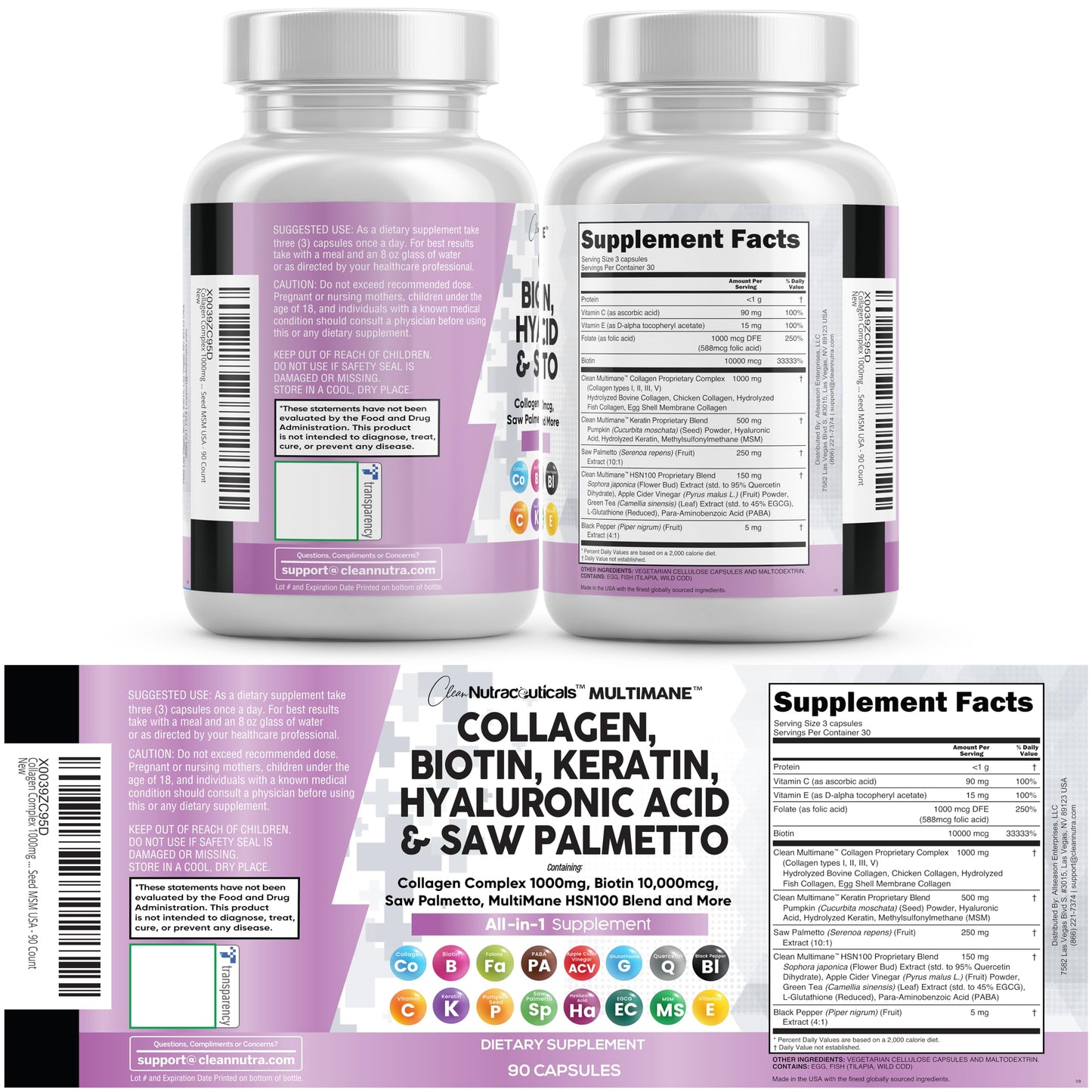 Clean Nutraceuticals Biotin 10000mcg Collagen Capsules for Hair, Skin & Nails, 90 Count