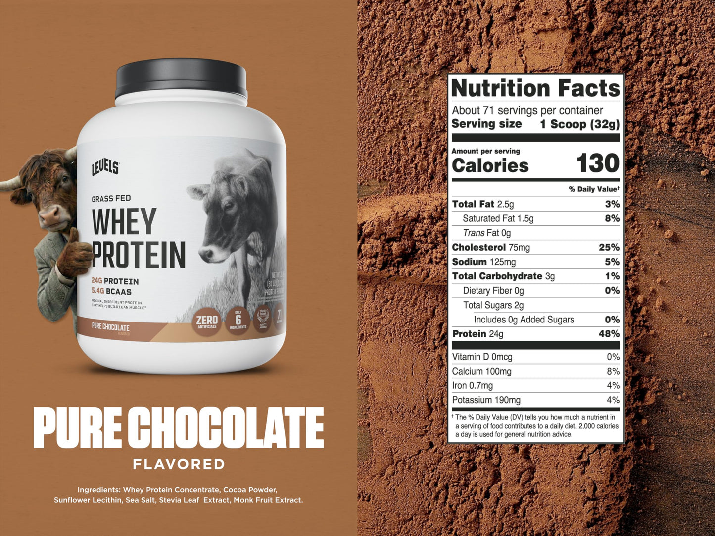 Levels Nutrition Grass Fed Whey Protein Powder, Pure Chocolate, 80 Servings
