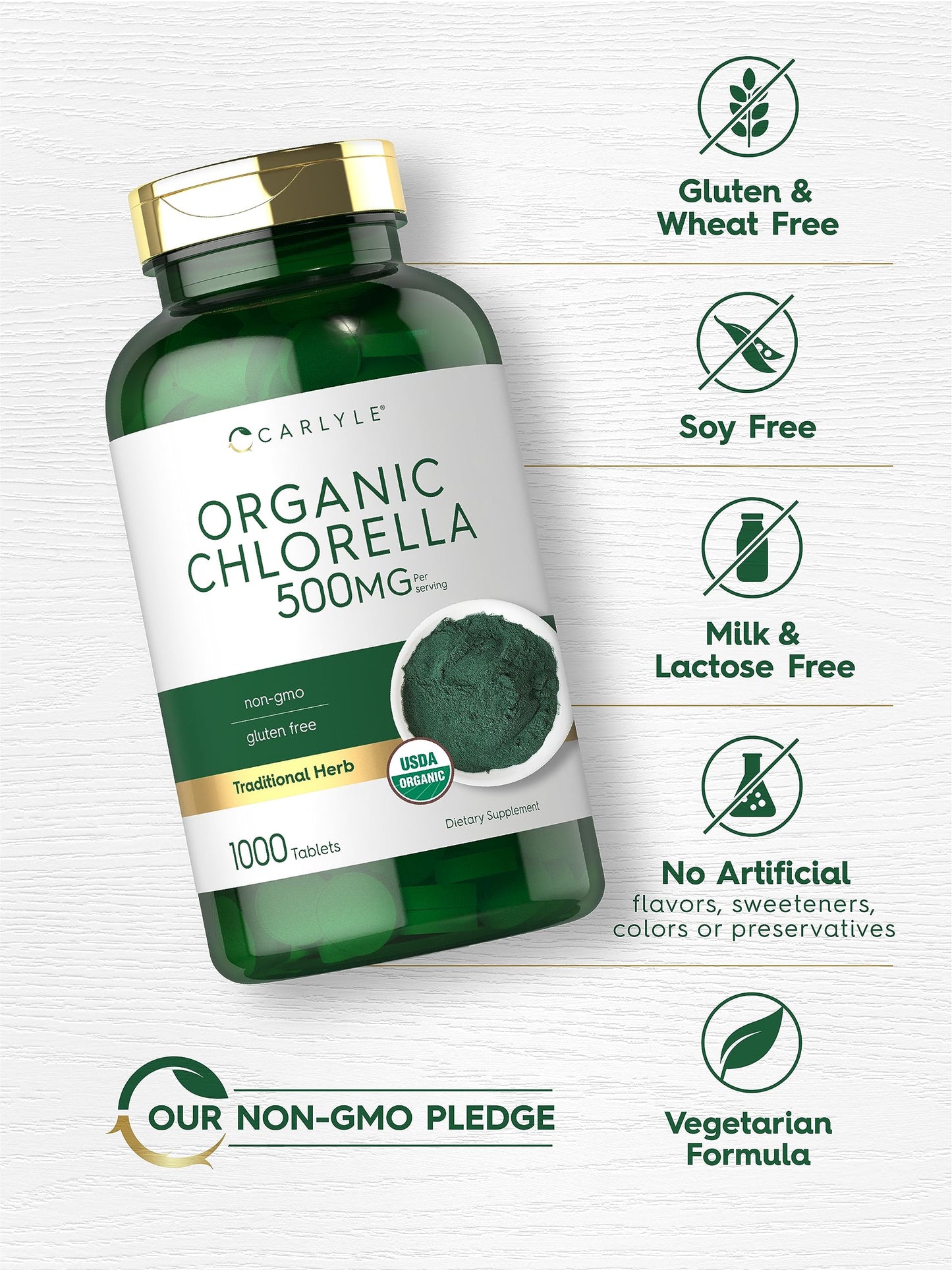 Carlyle Chlorella Tablets Organic 500 mg, 1000 Count