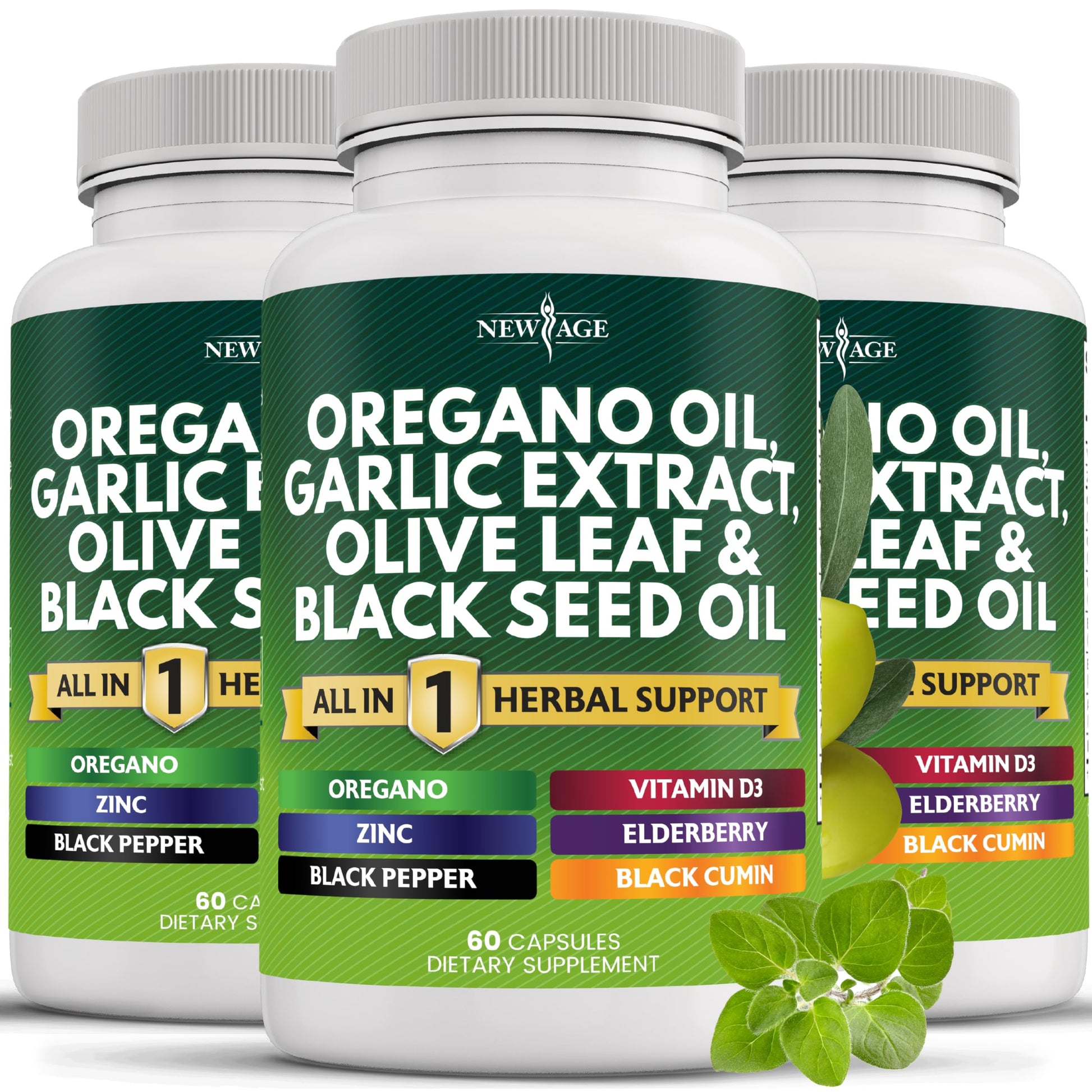 NEW AGE Oregano Oil Garlic Extract Olive Leaf with Astragalus 180 Capsules