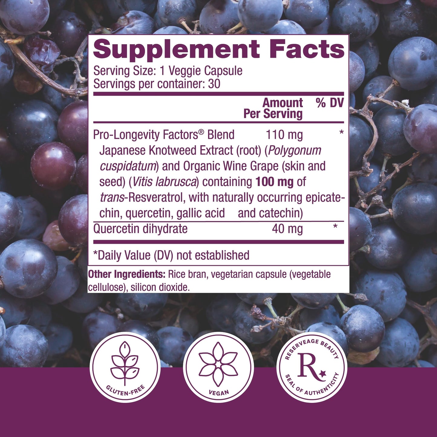Reserveage Nutrition Resveratrol 100 mg Capsule, 30 Count