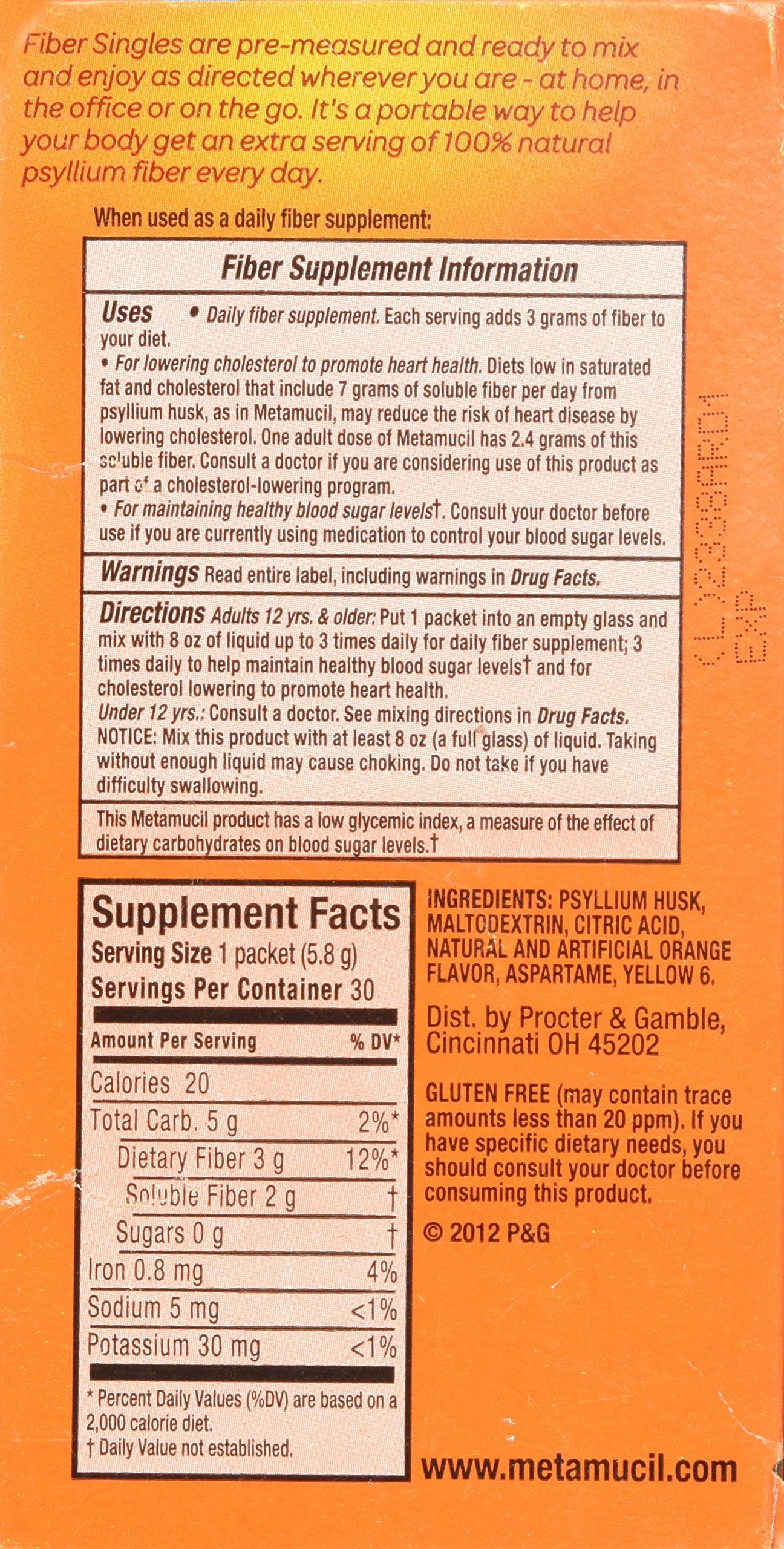 Metamucil Fiber Singles Smooth Texture Sugar Free Orange Powder, 30 Packets