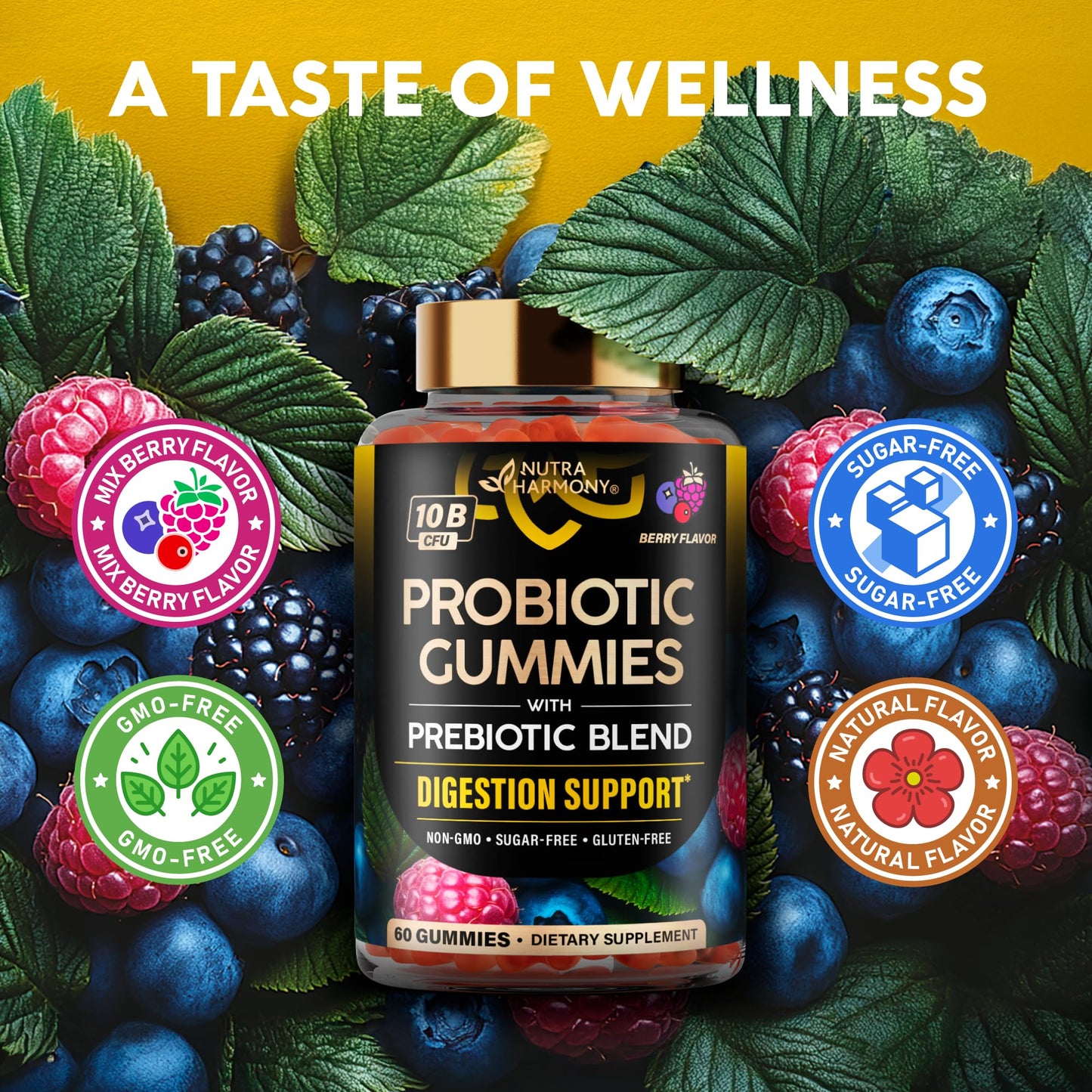 NUTRAHARMONY Probiotic Gummies 10B CFU with Prebiotic Fiber - Digestion & Immune Support - 60 Gummies