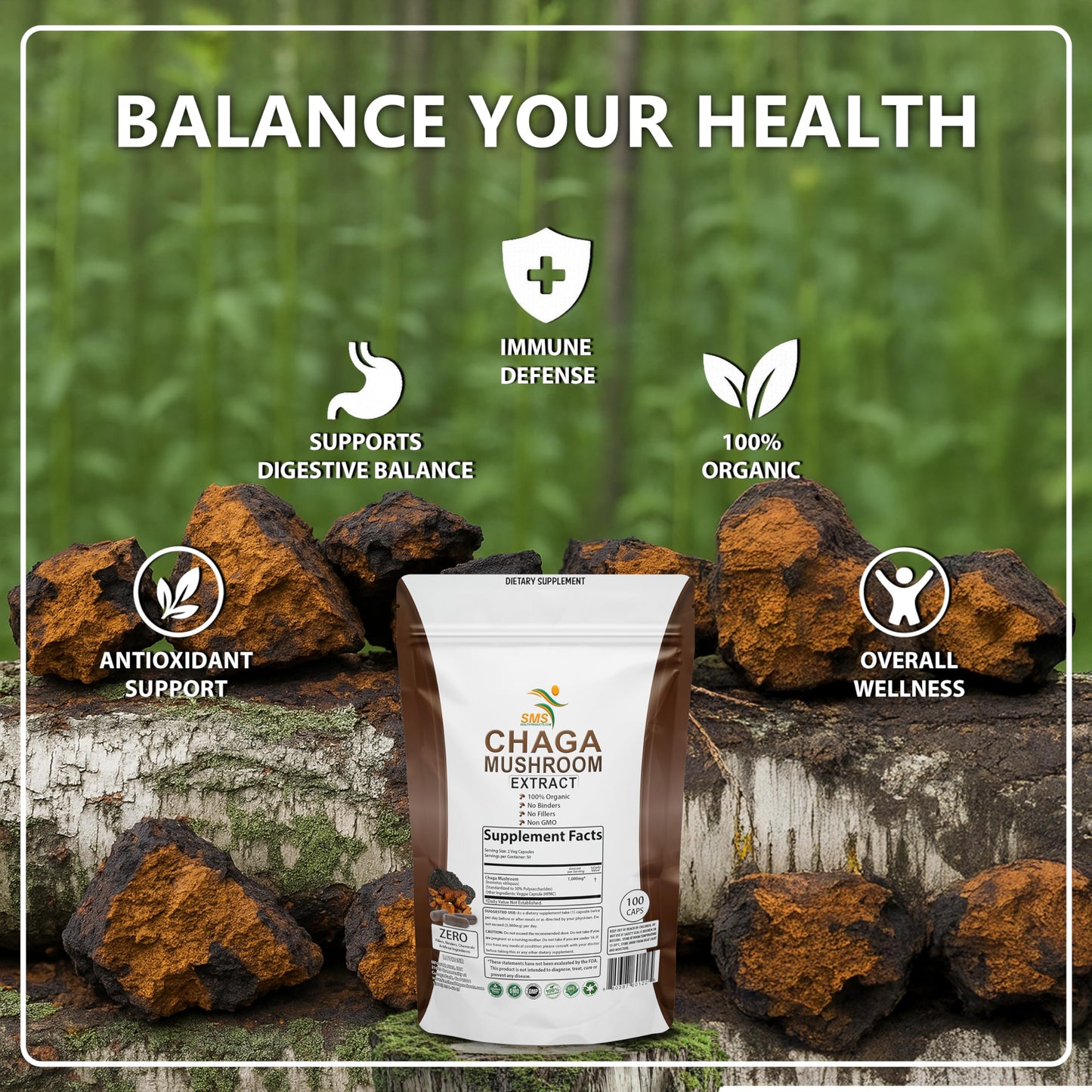 SMSHEALTHPRODUCTS.com Chaga Mushroom Capsules 100 Veggie Caps