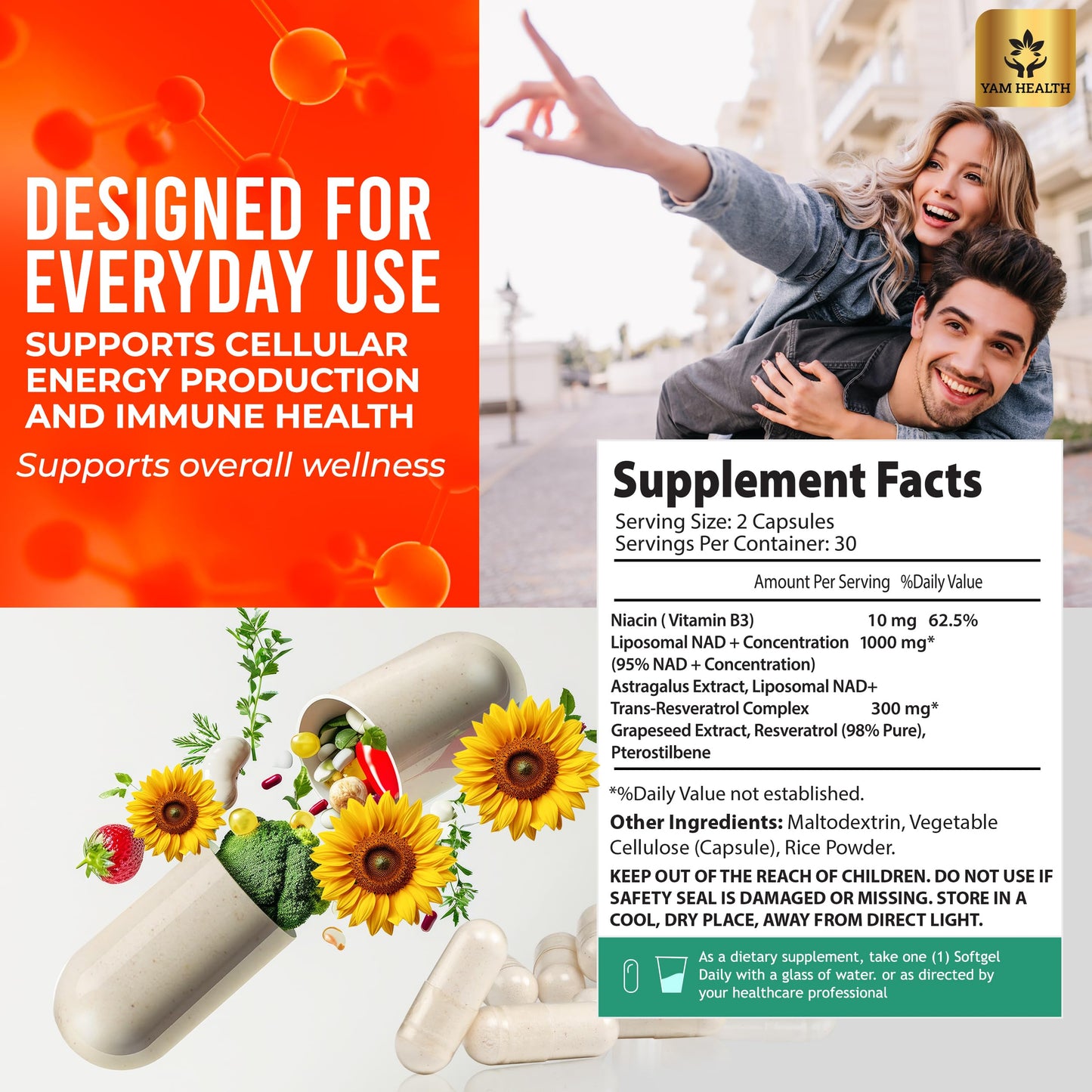 YAM Health Liposomal NAD+ 1310mg with Resveratrol & Niacin (Vitamin B3) Capsules, 60 Count
