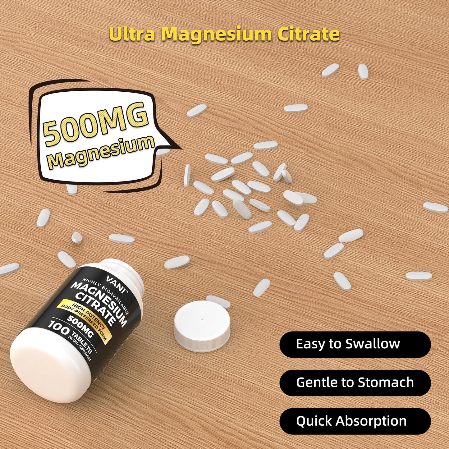 VANI Magnesium Citrate 500 mg Tablets, 100 Count