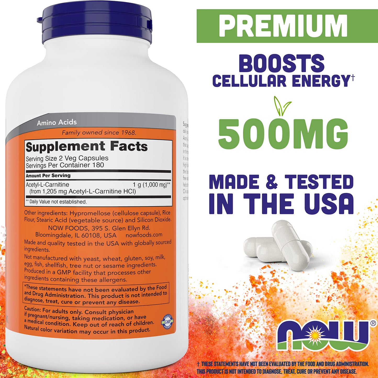 NOW Foods Acetyl-L-Carnitine 500mg, 720 Veg Caps