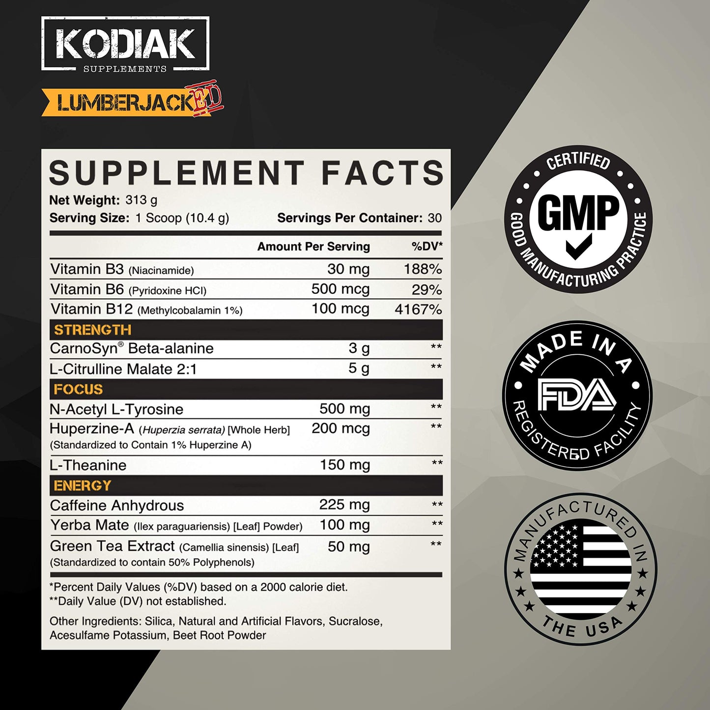 Kodiak Supplements Lumberjacked Pre Workout Powder 11.75 Ounce