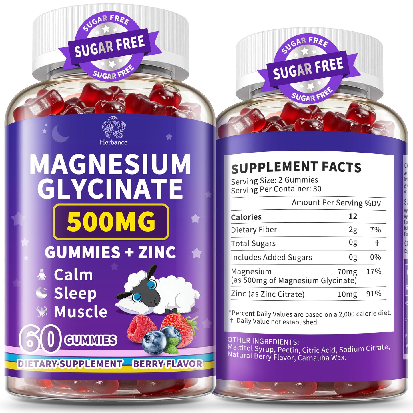 Herbance Magnesium Glycinate Gummies 500mg, High Absorption Magnesium Bisglycinate Supplement, 120 Gummies