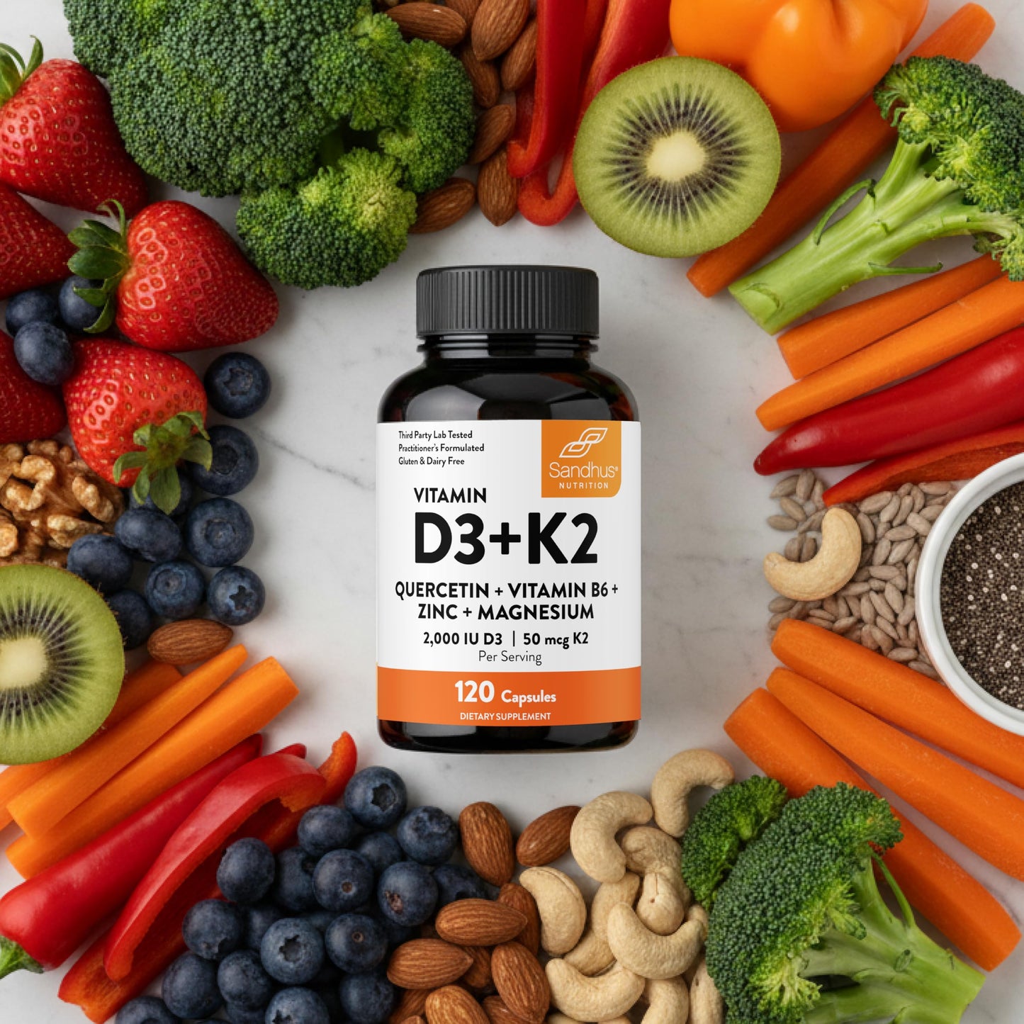 Sandhu's Vitamin D3 K2 2000 IU 120mcg Magnesium Zinc B6 Quercetin 240 Capsules