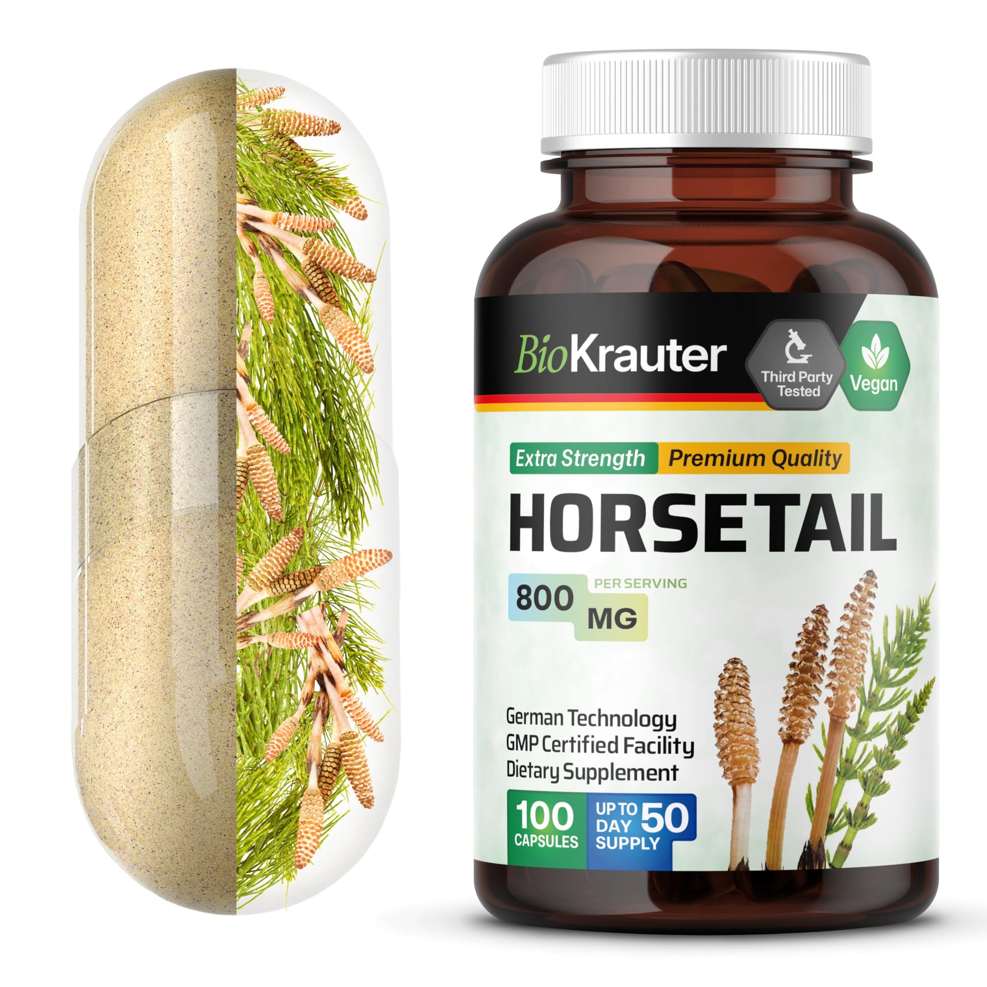 BIO KRAUTER Horsetail Supplement for Hair, Skin & Nails Capsules 800 mg per Serving, 100 Count