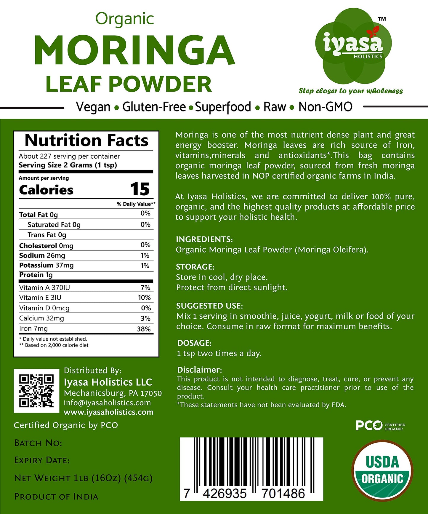 Iyasa Holistics Organic Moringa Leaf Powder, 4 oz