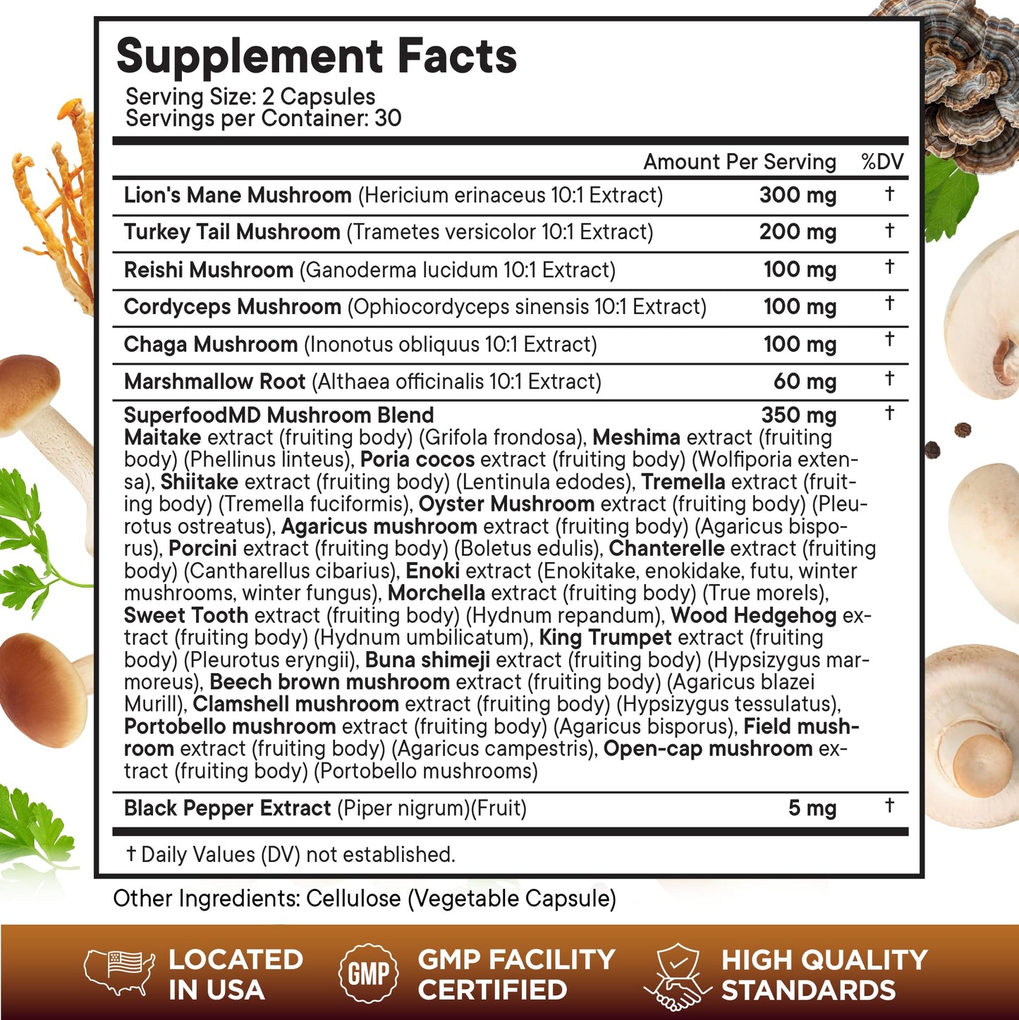 Superfood MD Lions Mane Mushroom Supplement with Turkey Tail Reishi Cordyceps Chaga with Marshmallow Root Capsules, 120 Count