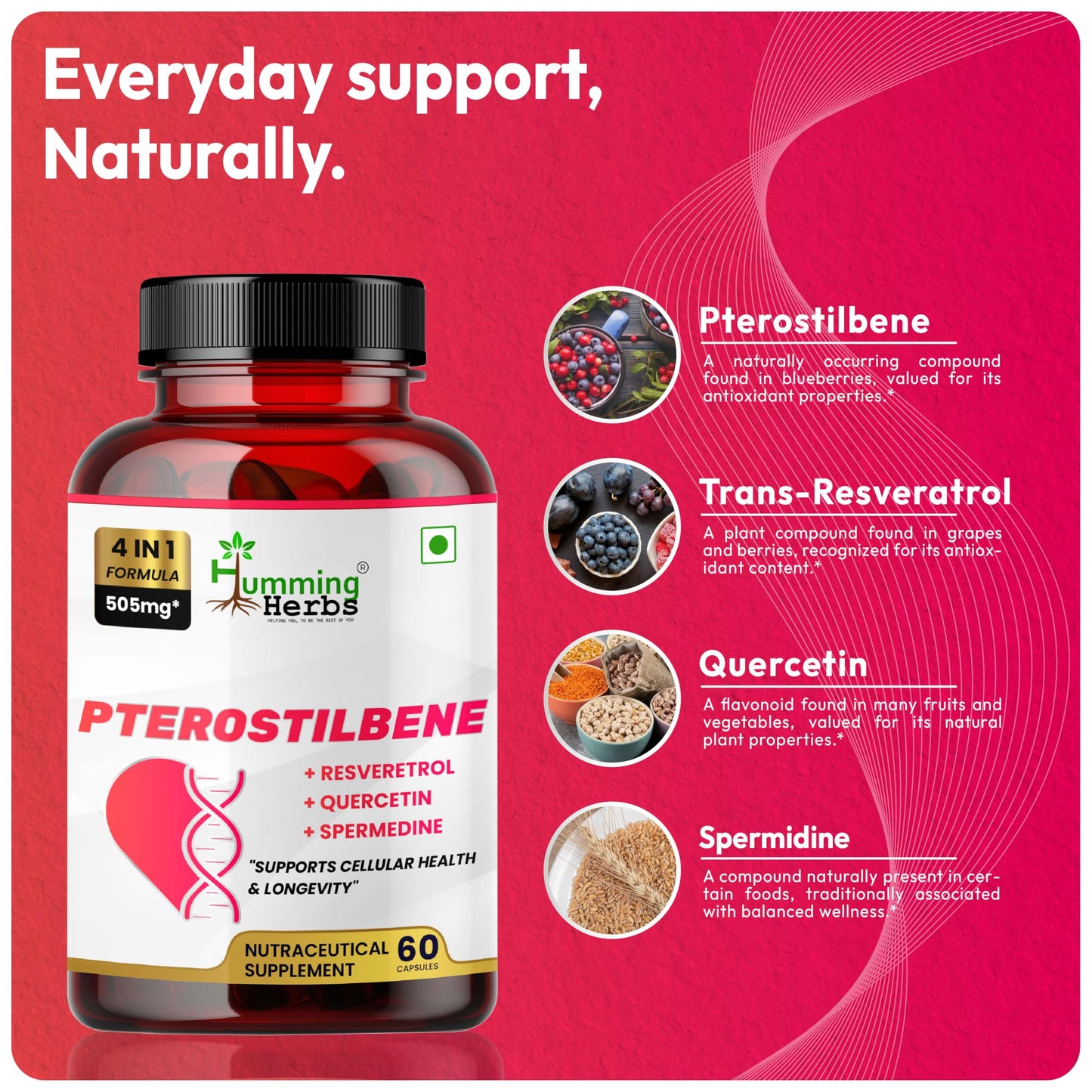 Humming Herbs Pterostilbene Supplement Complex with Trans-Resveratrol, Quercetin & Spermidine – Antioxidant Support for Cellular Health Capsule, 60 Capsules