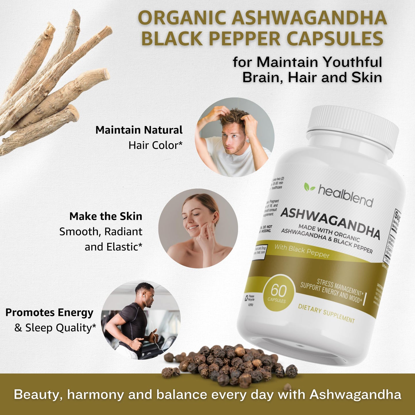 healblend Organic Ashwagandha 1300mg with Black Pepper Extract Capsules, 60 Count