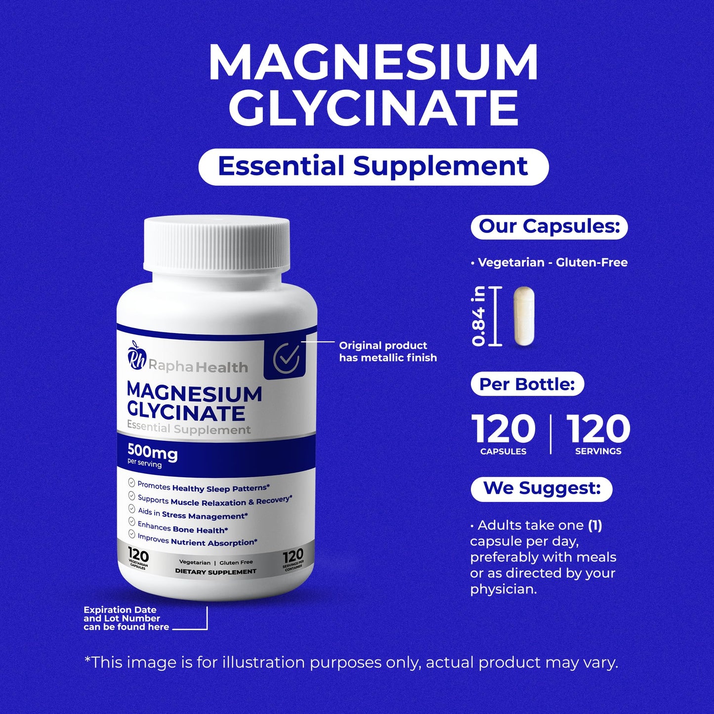 RAPHA HEALTH Magnesium Glycinate 500mg Capsule, 120 Capsules