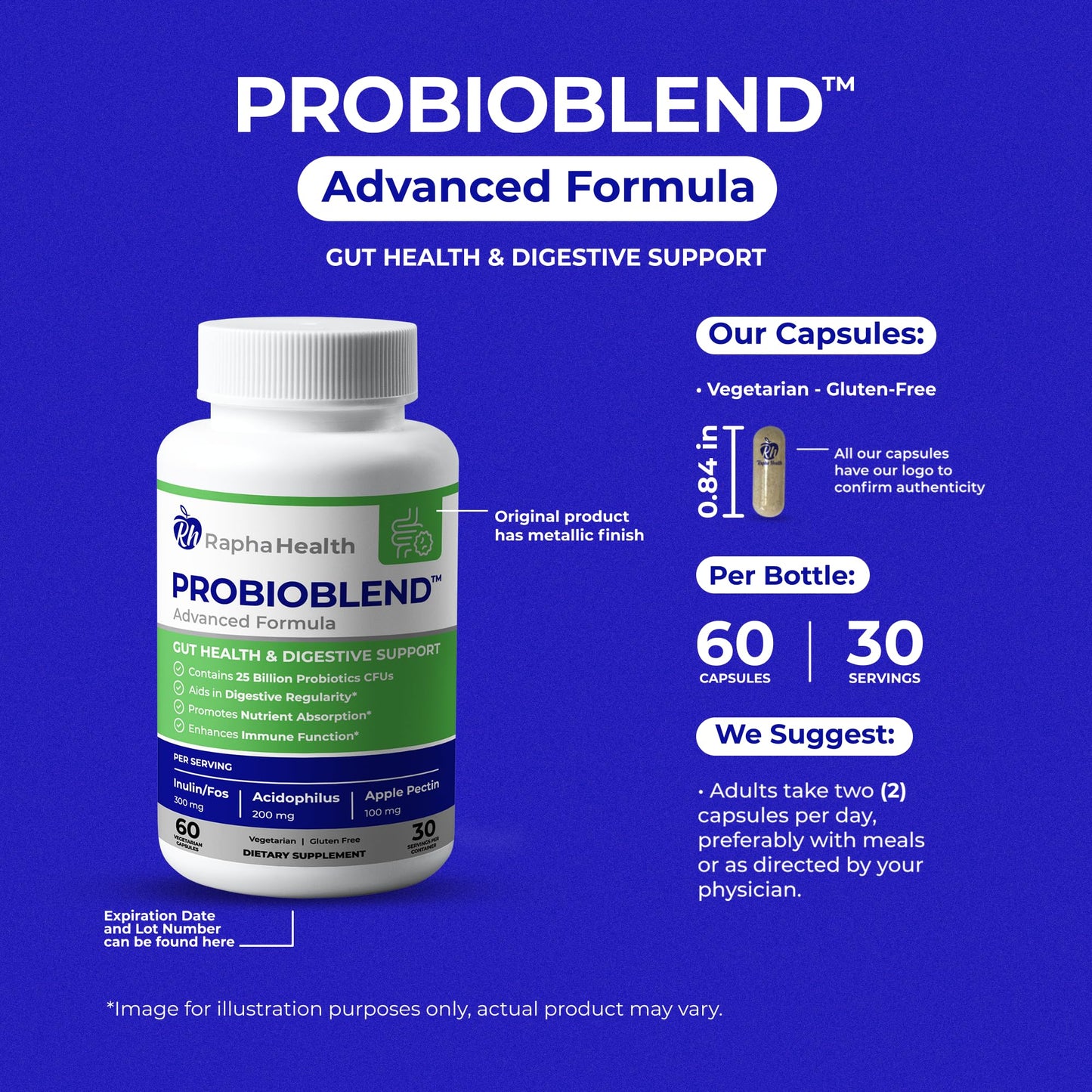 RAPHA HEALTH PROBIOBLEND 25 Billion CFU Probiotic & Digestive Enzyme Complex 60 Capsules