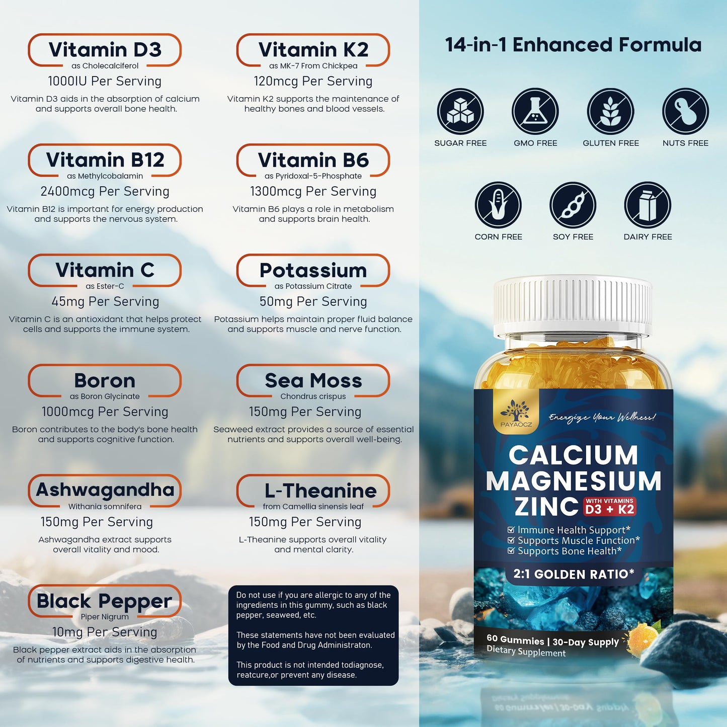 PAYAOCZ Calcium Magnesium Zinc Gummies with Vitamin D3, K2, B12 & B6 for Adults 120 Gummies
