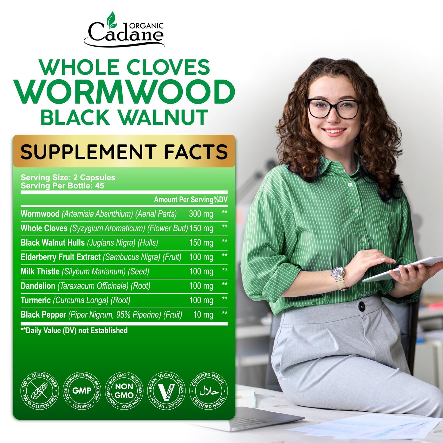 Organic Cadane Wormwood Whole Cloves Black Walnut Digestive & Herbal Support 90 Capsules