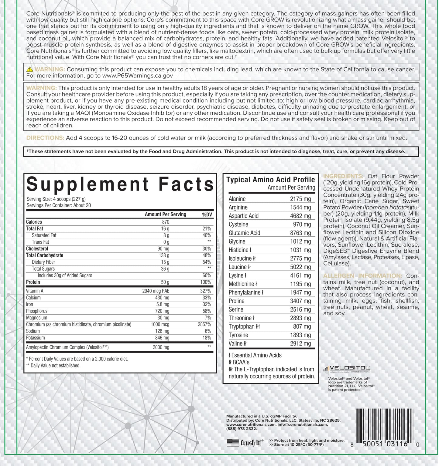 Core Nutritionals Grow Mass Gainer Powder 160 Servings