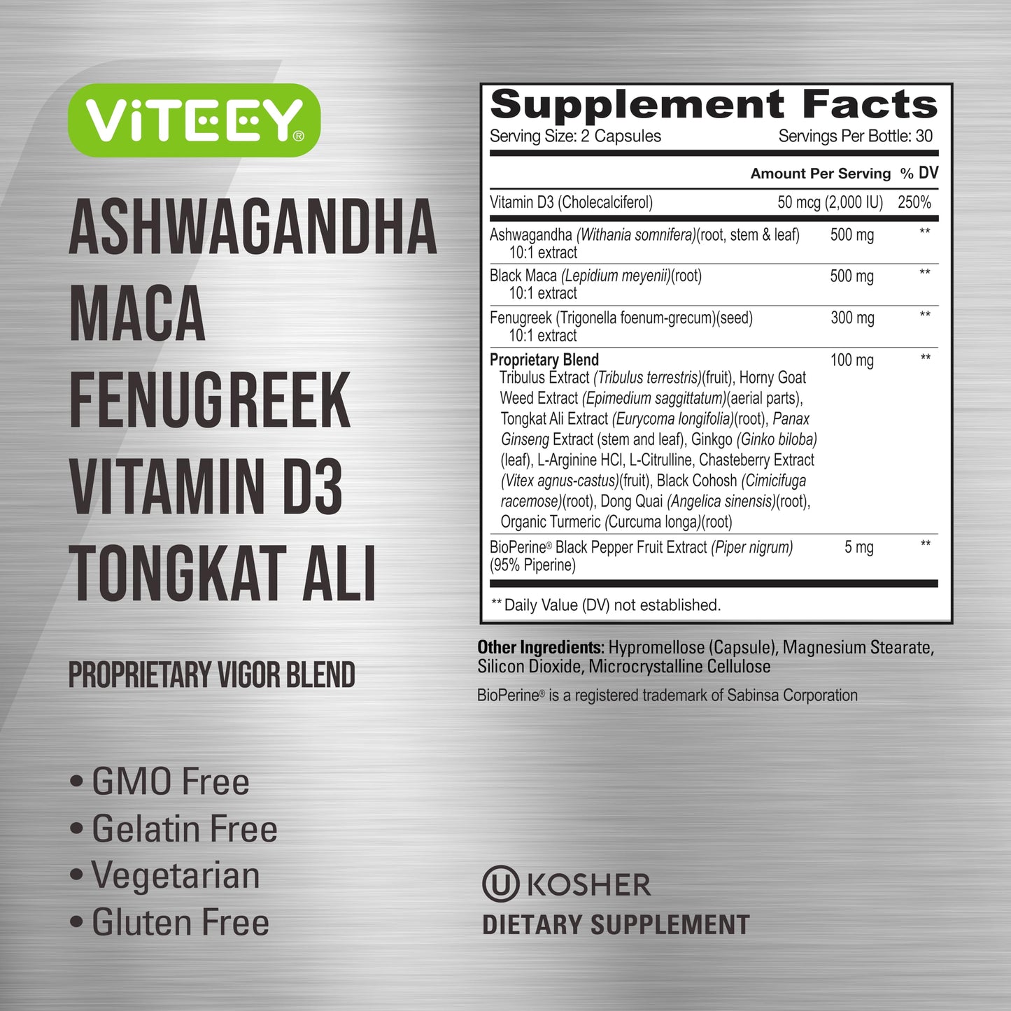 Viteey Ashwagandha Maca Fenugreek Supplement with Tongkat Ali – Drive, Passion & Energy Support for Men & Women – Mood, Calm & Stress Support, 60 Capsules