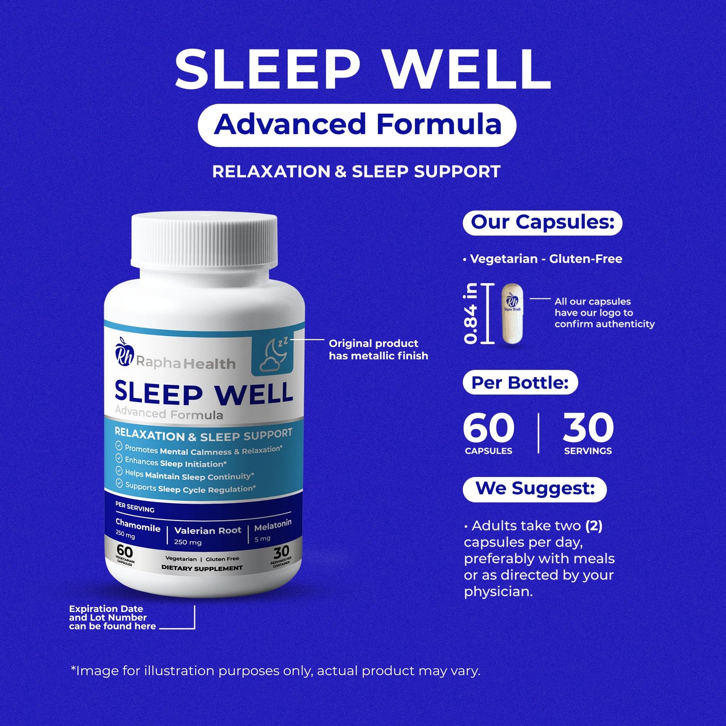 RAPHA HEALTH Sleep Well Natural Sleep Aid with Magnesium Glycinate, Valerian Root, and Chamomile, 60 Capsules