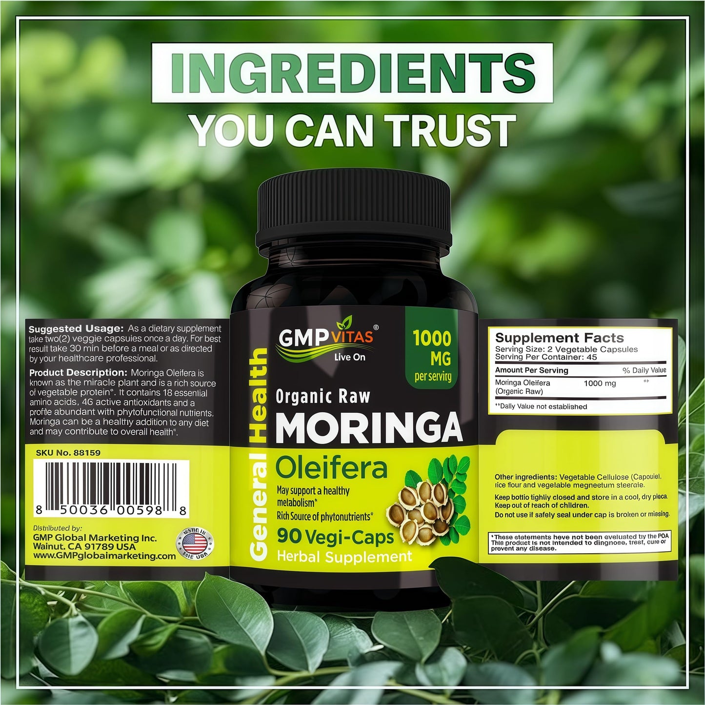 GMP Vitas Organic Moringa 1000mg Capsules, 90 Capsules
