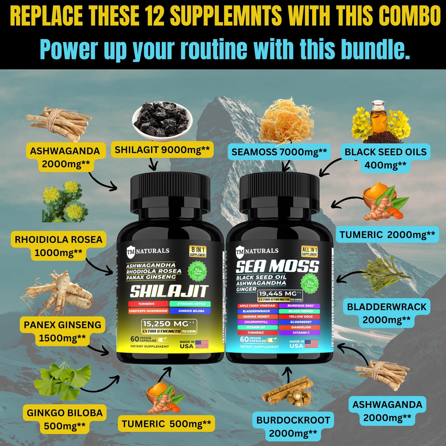 TM NATURALS Sea Moss Shilajit Black Seed Oil Ashwagandha Ginger Capsules 120 Capsules