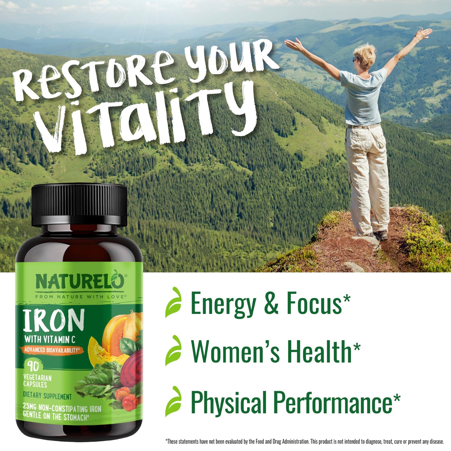 NATURELO Vegan Iron Supplement with Vitamin C and Organic Whole Foods 90 Capsules