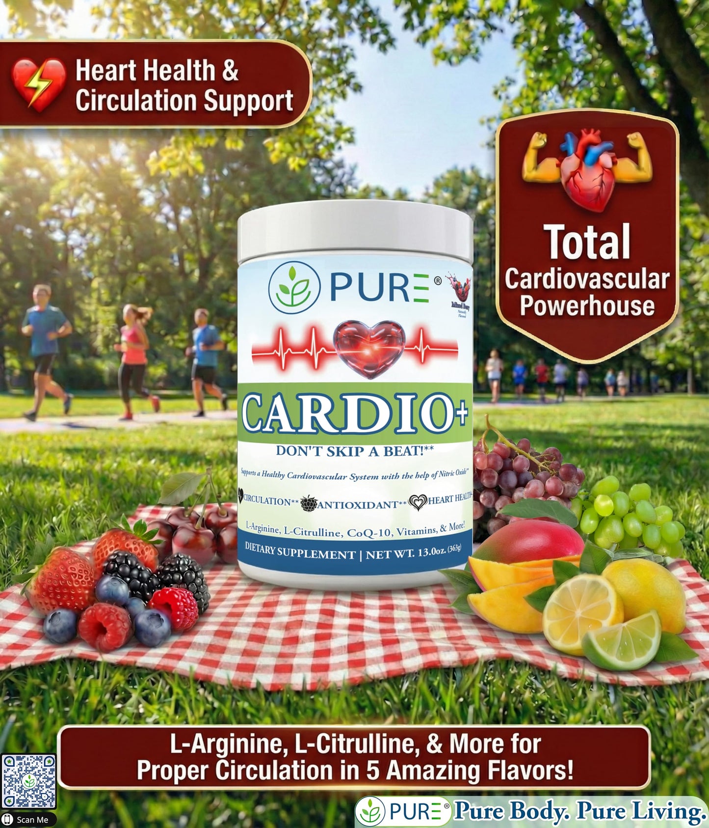 PURE Cardio+ Nitric Oxide Heart & Circulation Support Powder, Cherry, 13.18 oz