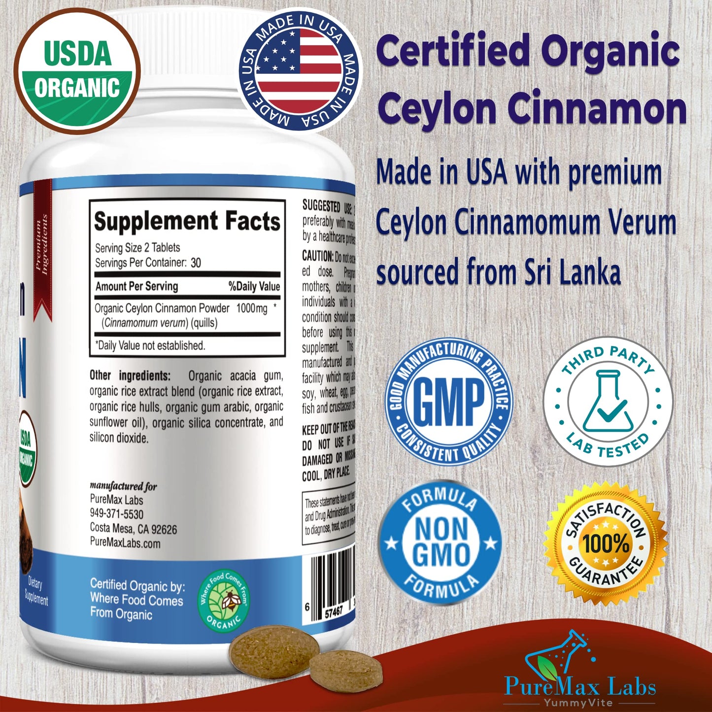 YUMMYVITE Organic Ceylon Cinnamon 1000mg per Serving Tablet, 60 Tablets