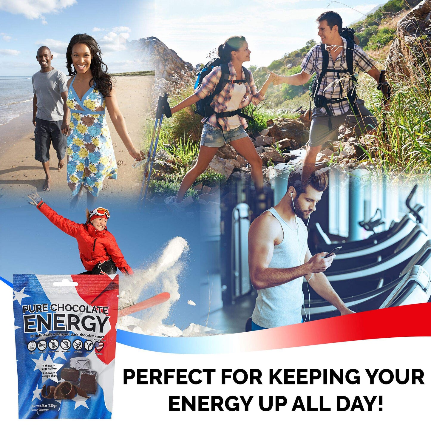 Purity & Grace Pure Chocolate Energy Chews with Caffeine - Dark Chocolate, Chocolate Chews, 30 Count